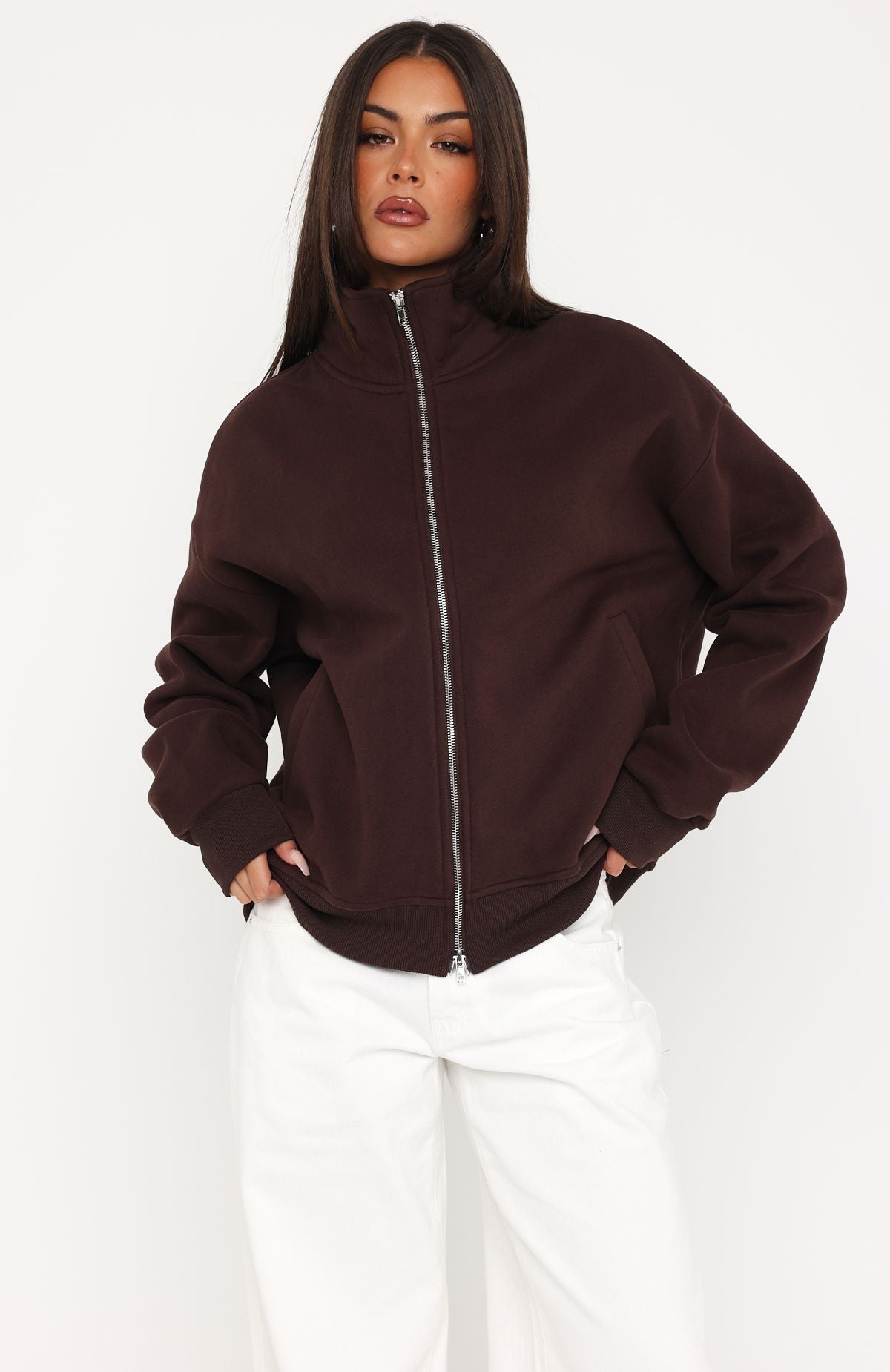 White Fox Such A Dream Oversized Zip Front Funnel Neck Jacket Chocolate