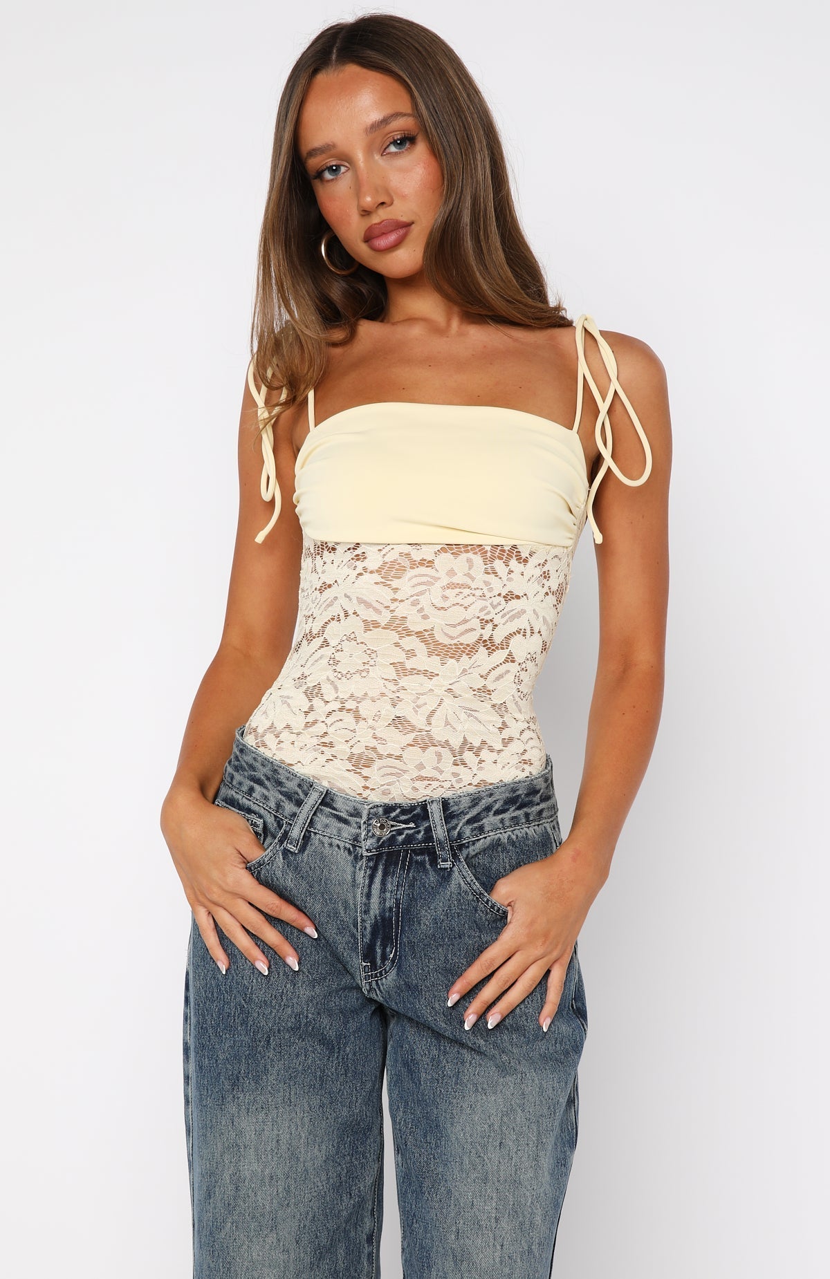 White Fox Pretty Savage Lace Bodysuit Lemon