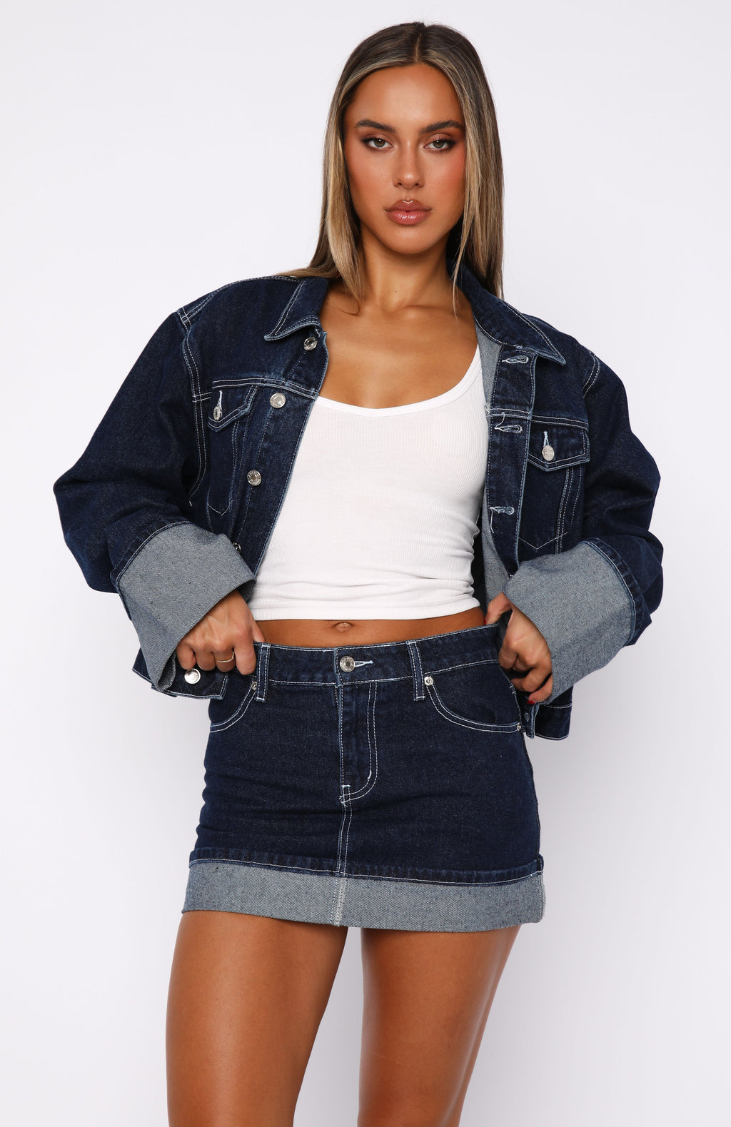 White Fox Charlotte Denim Mini Skirt Dark Indigo