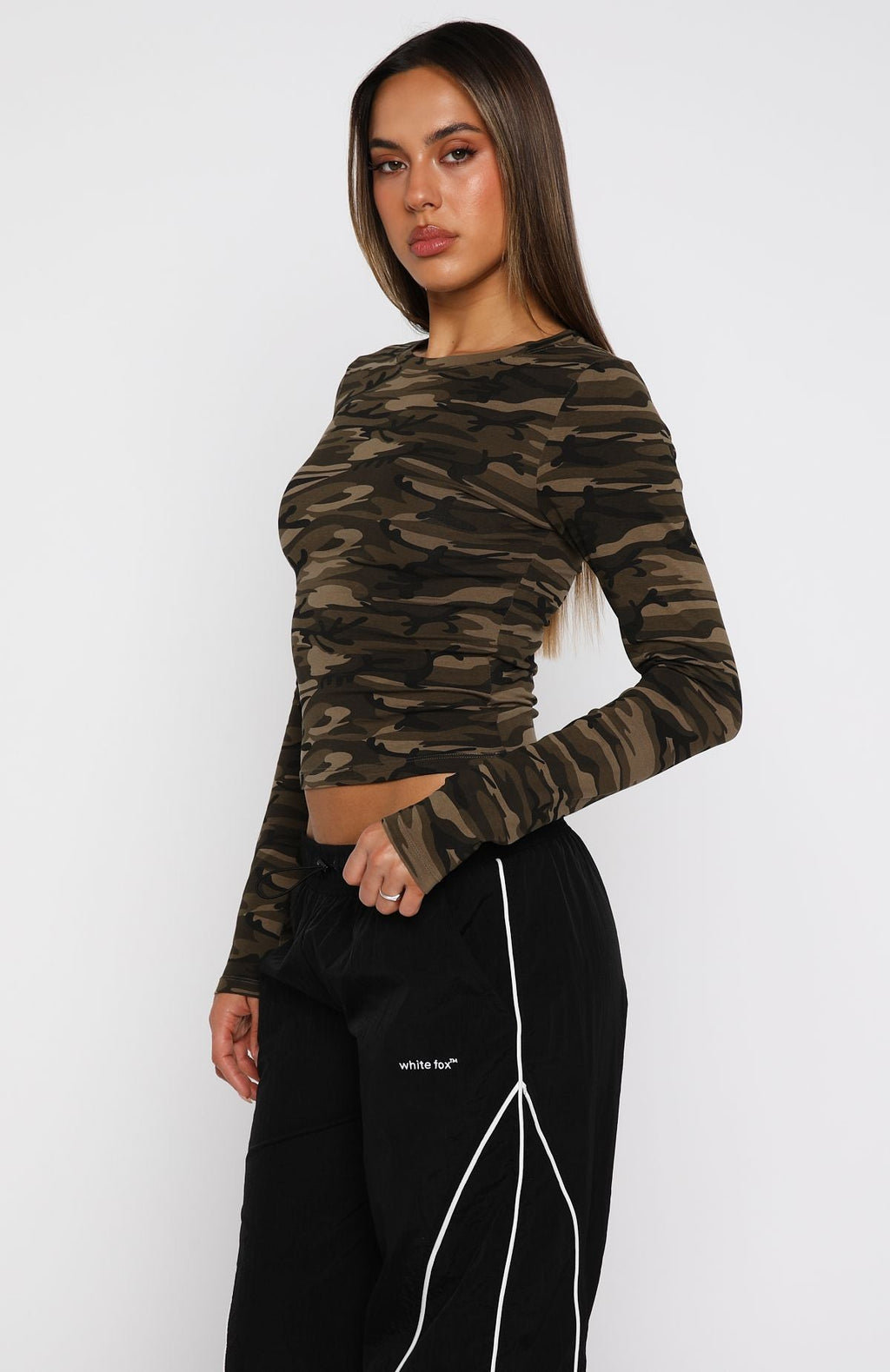 White Fox Don't Rein Me In Long Sleeve Baby Tee Camo