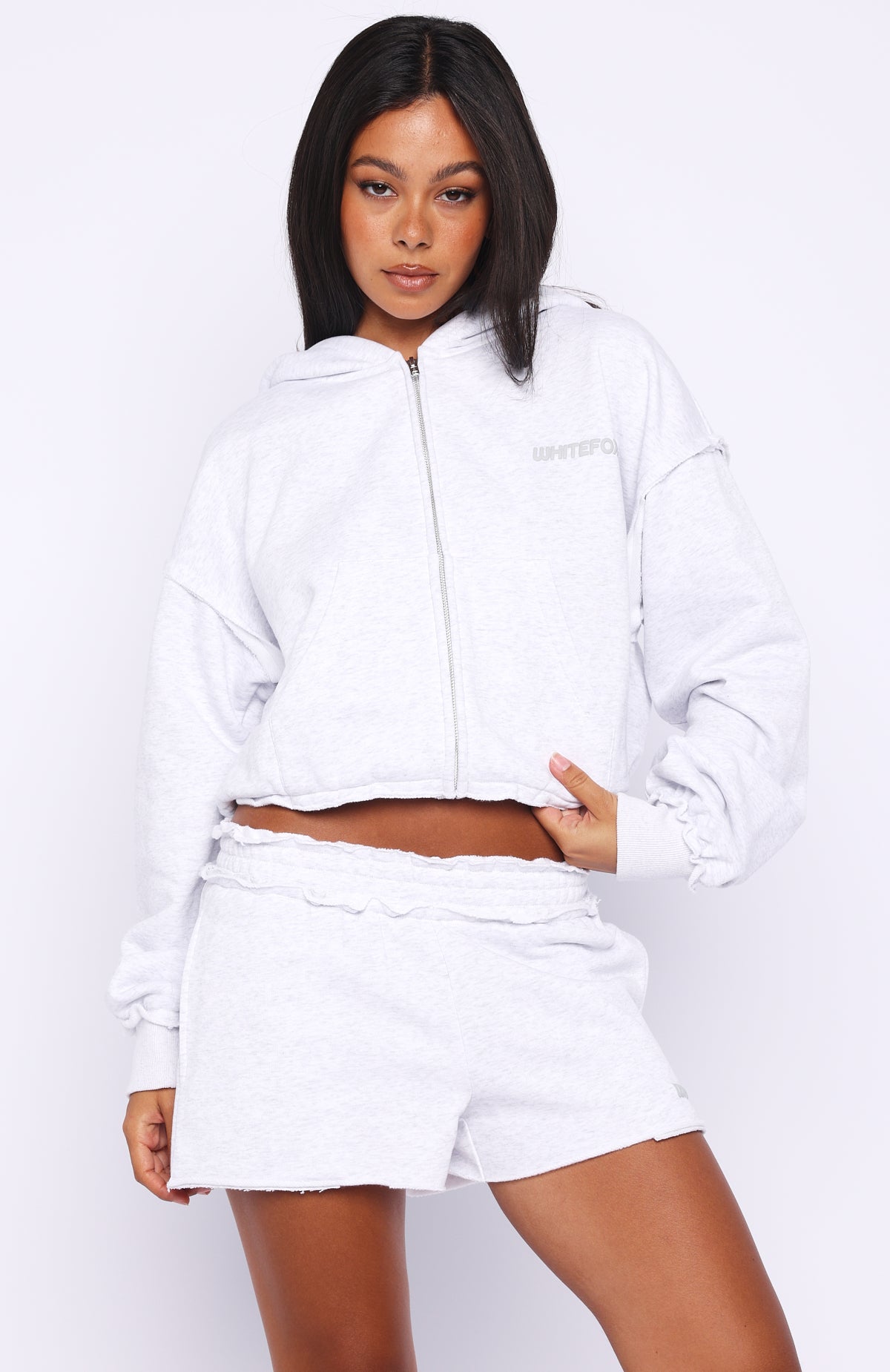 White Fox On My Own Terms Boxy Zip Front Hoodie Grey Marle