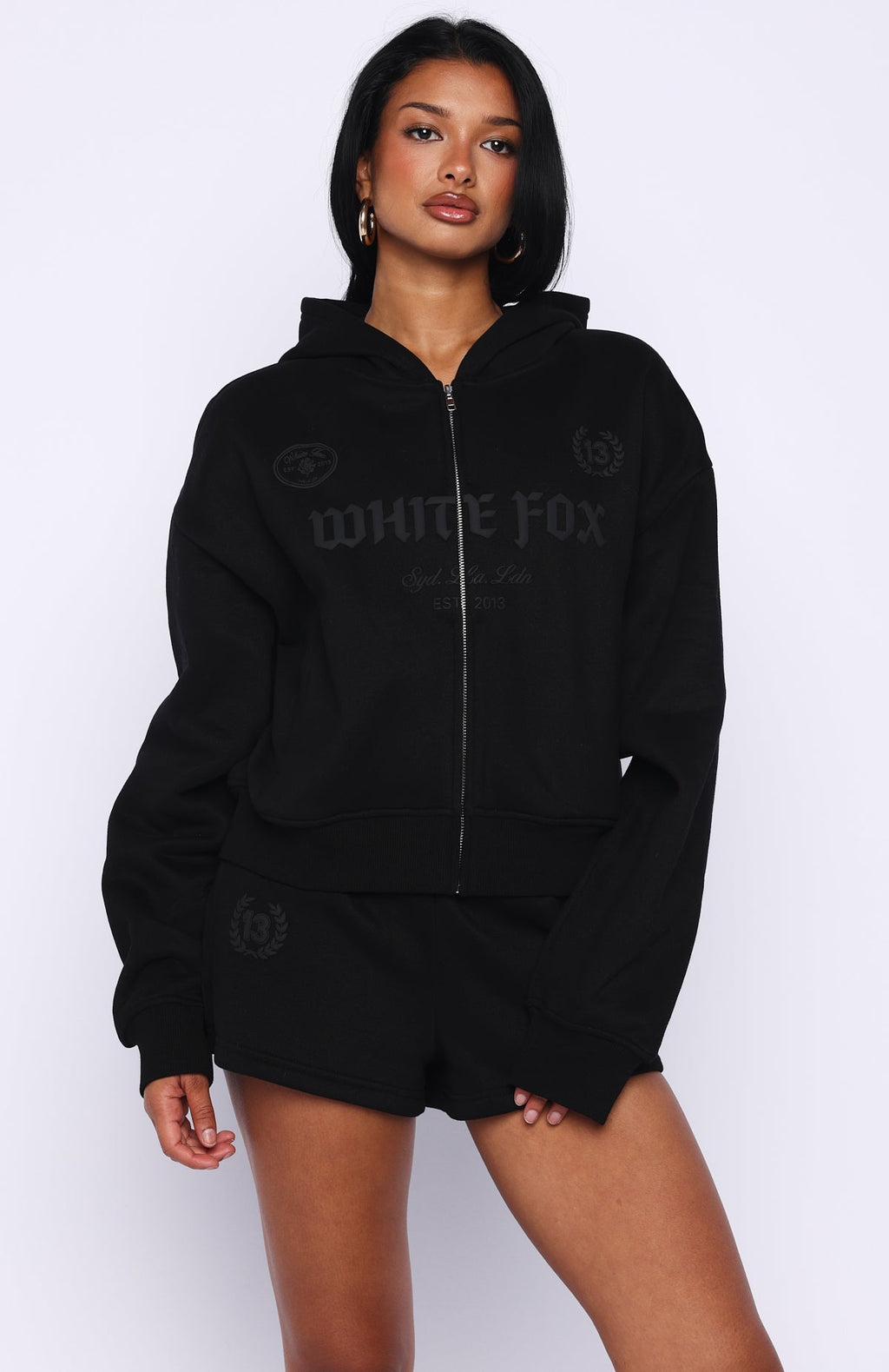 White Fox Vibe Too High Boxy Zip Front Hoodie Black
