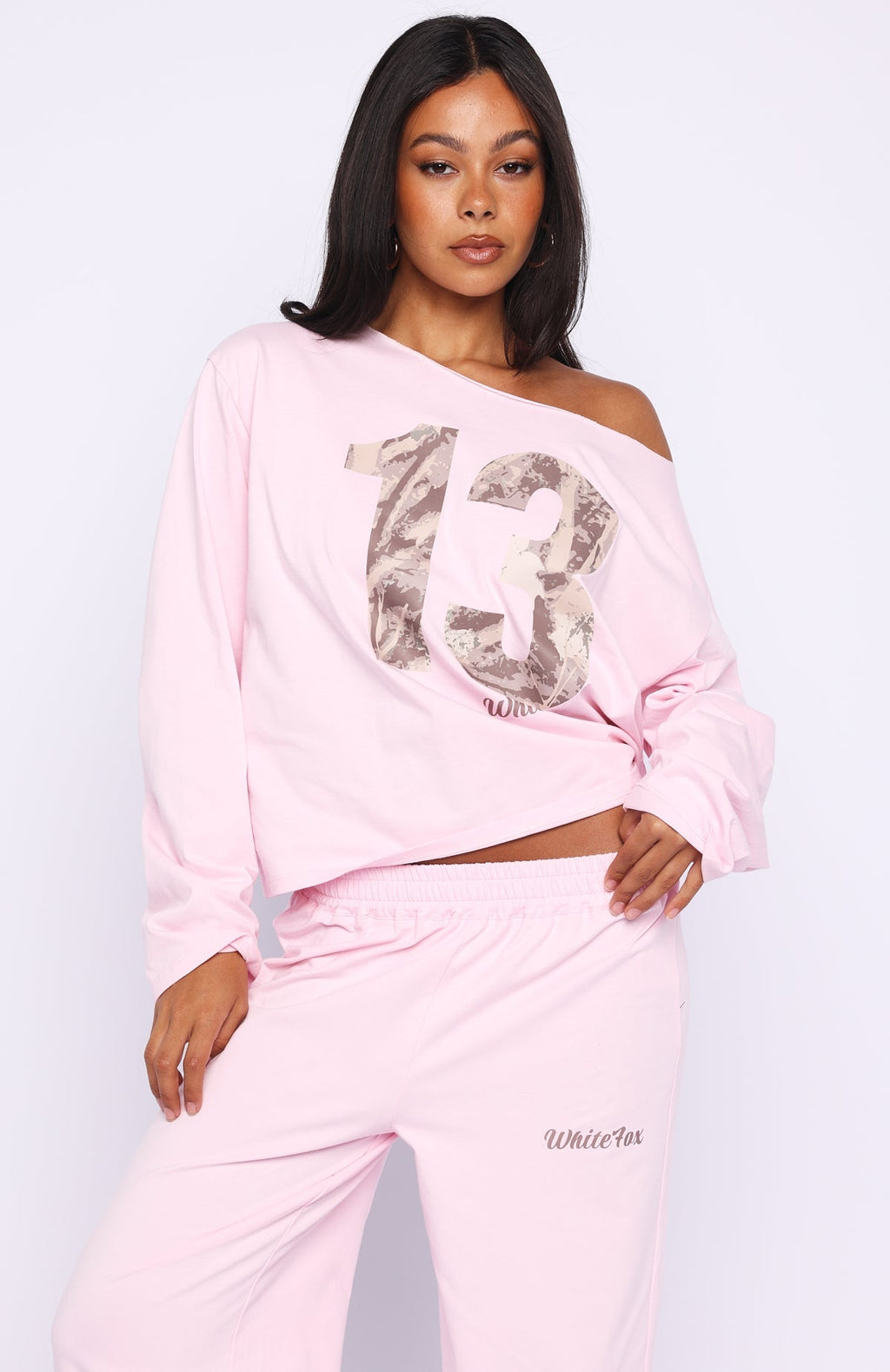 White Fox All A Dream Off Shoulder Oversized Long Sleeve Tee Pink