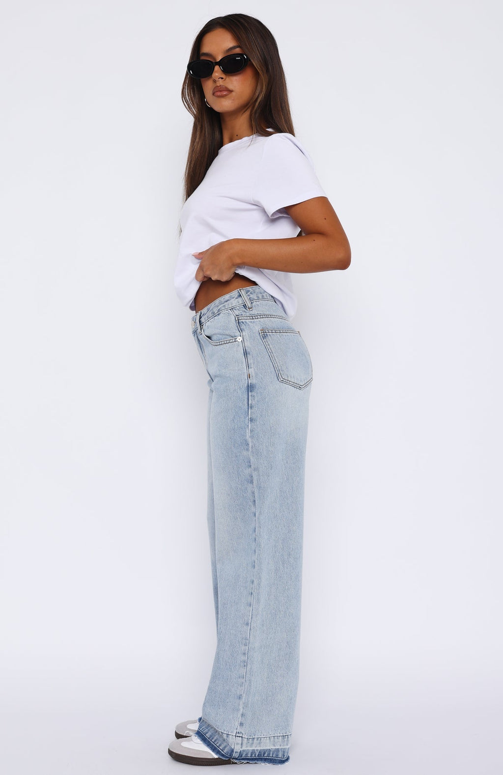 White Fox I Don't Need You Mid Rise Wide Leg Jeans Light Blue Wash