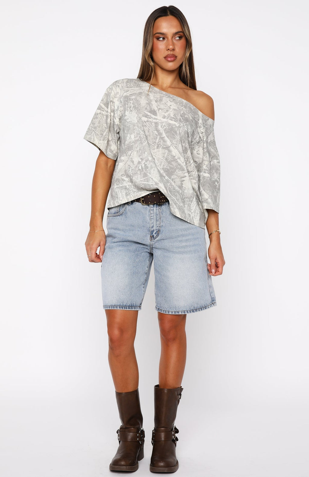 White Fox Travel The World Off Shoulder Oversized Tee Light Camo