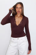 White Fox Knew That All Along Lace Trim Long Sleeve Top Chocolate