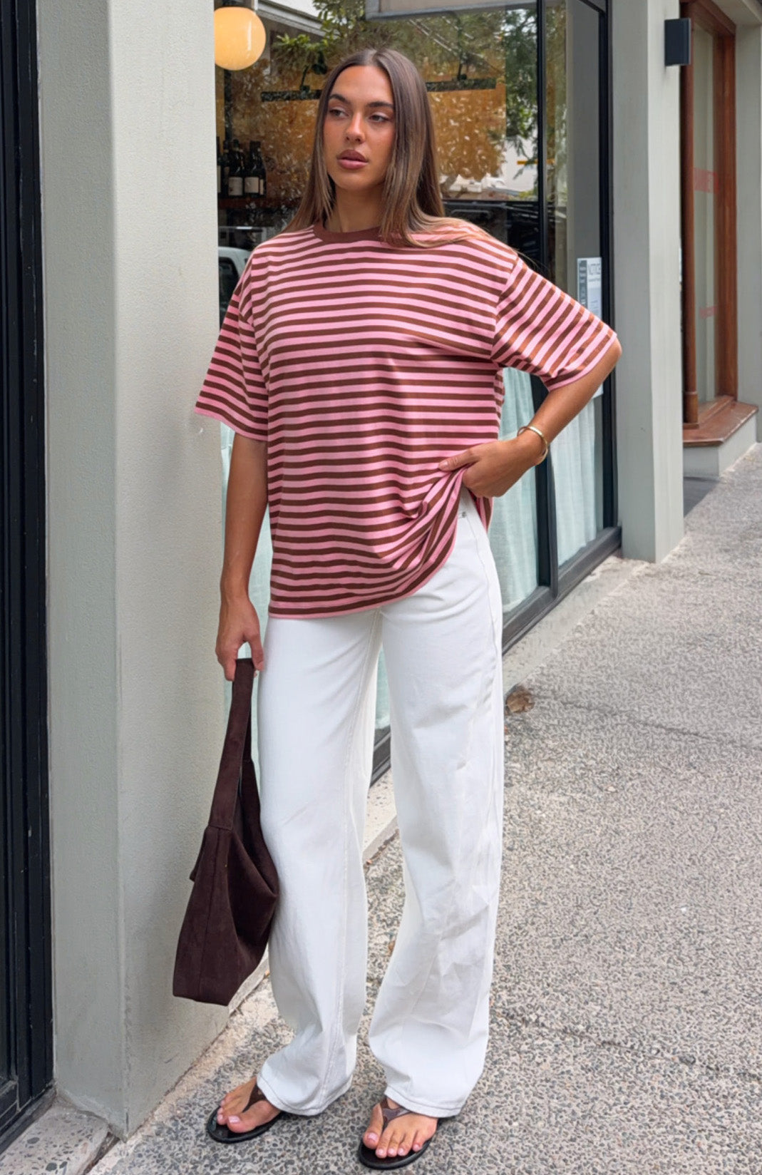 White Fox Touchdown Oversized Tee Brown/Pink Stripe