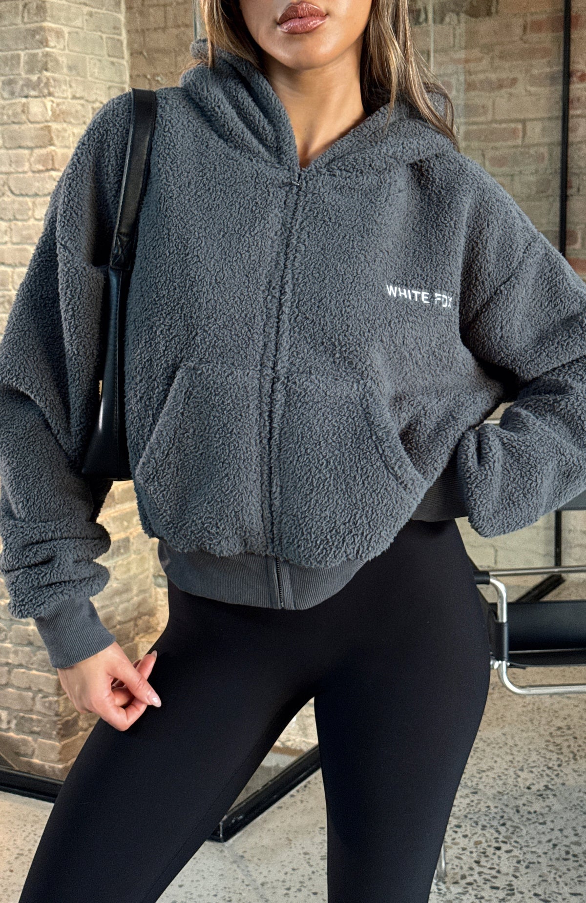 White Fox Always First Teddy Borg Boxy Zip Front Hoodie Charcoal