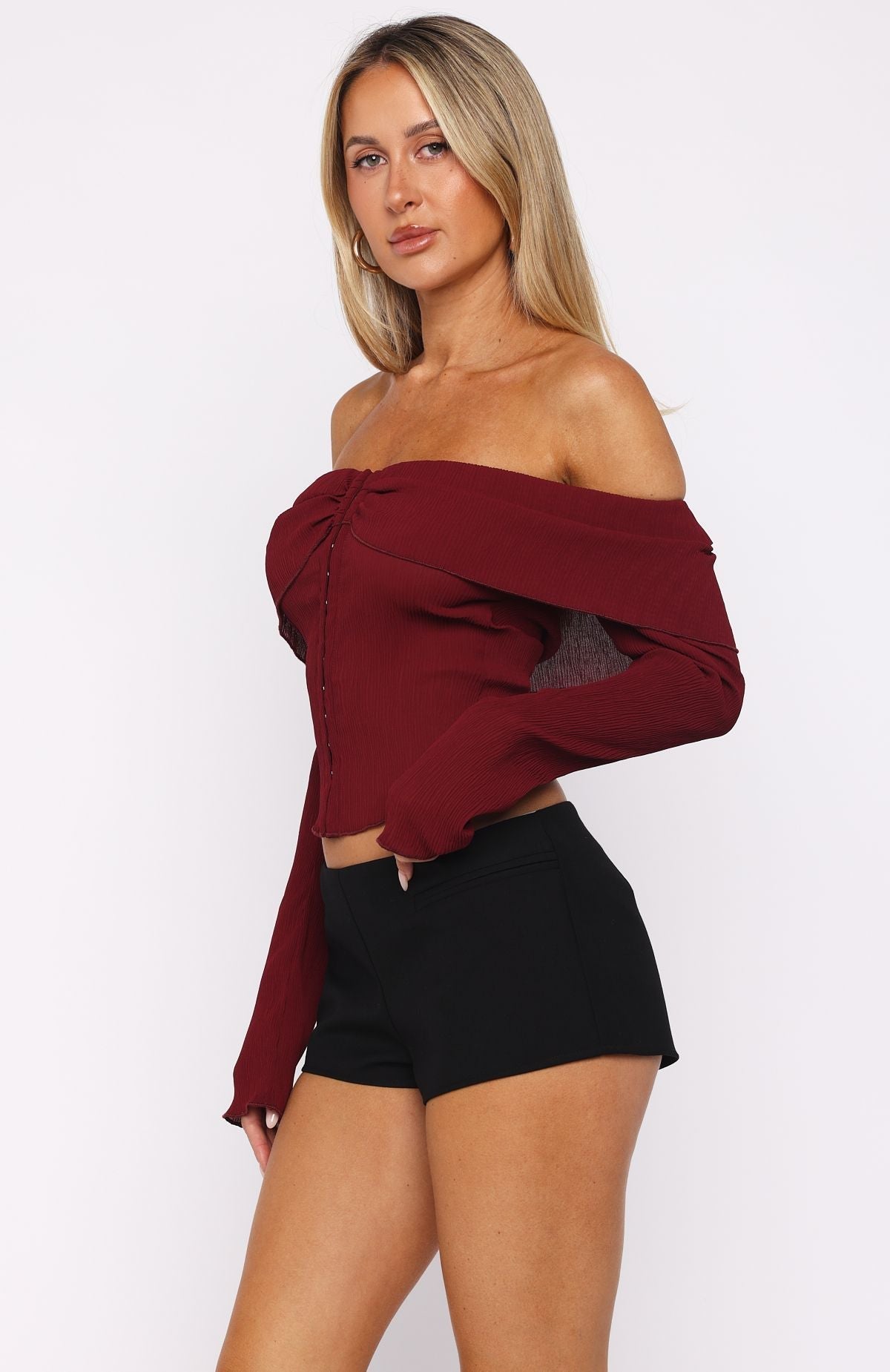 White Fox Mood Forever Long Sleeve Off Shoulder Top Burgundy