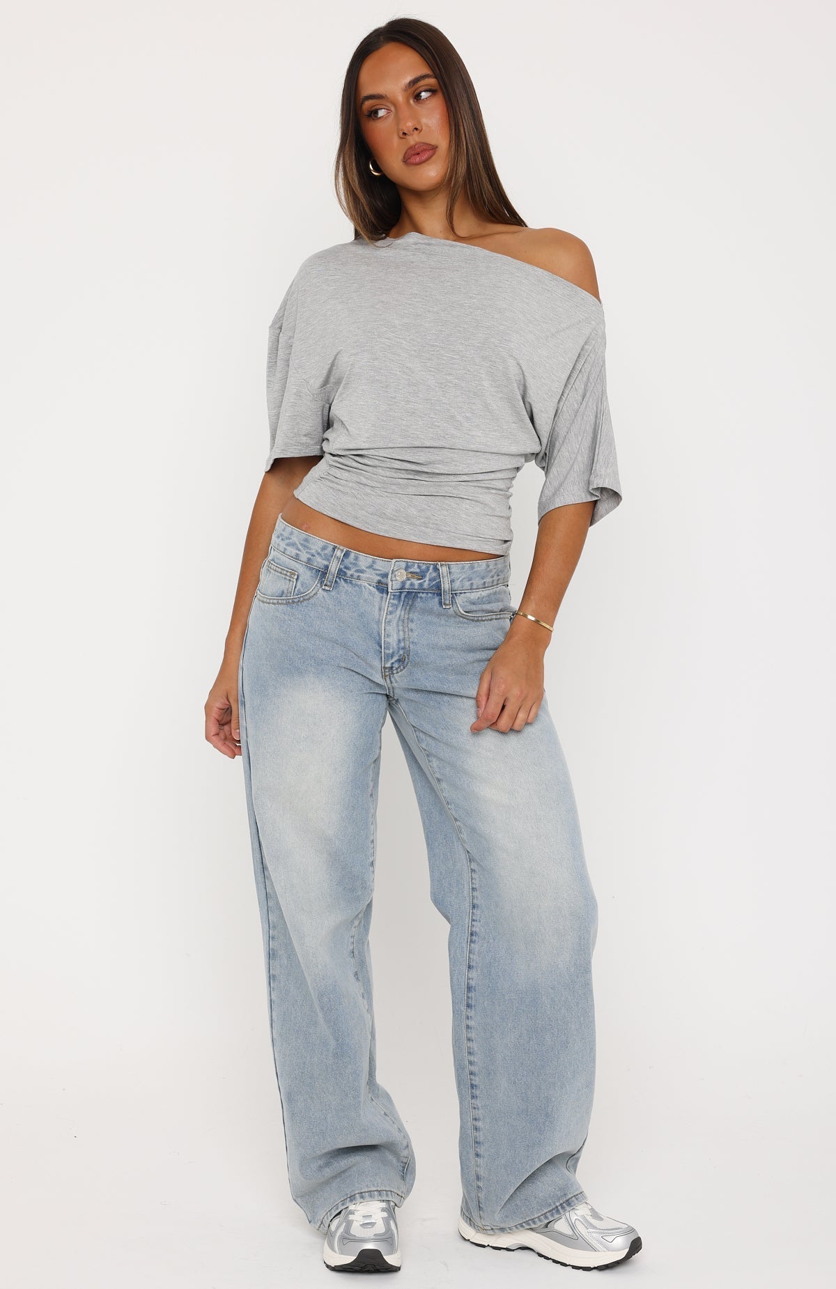 White Fox Hype Girl Cinched Waist Off Shoulder Top Grey Marle