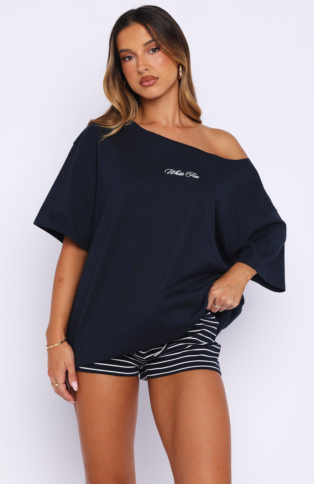 White Fox Wishing For It Off Shoulder Oversized Tee Navy