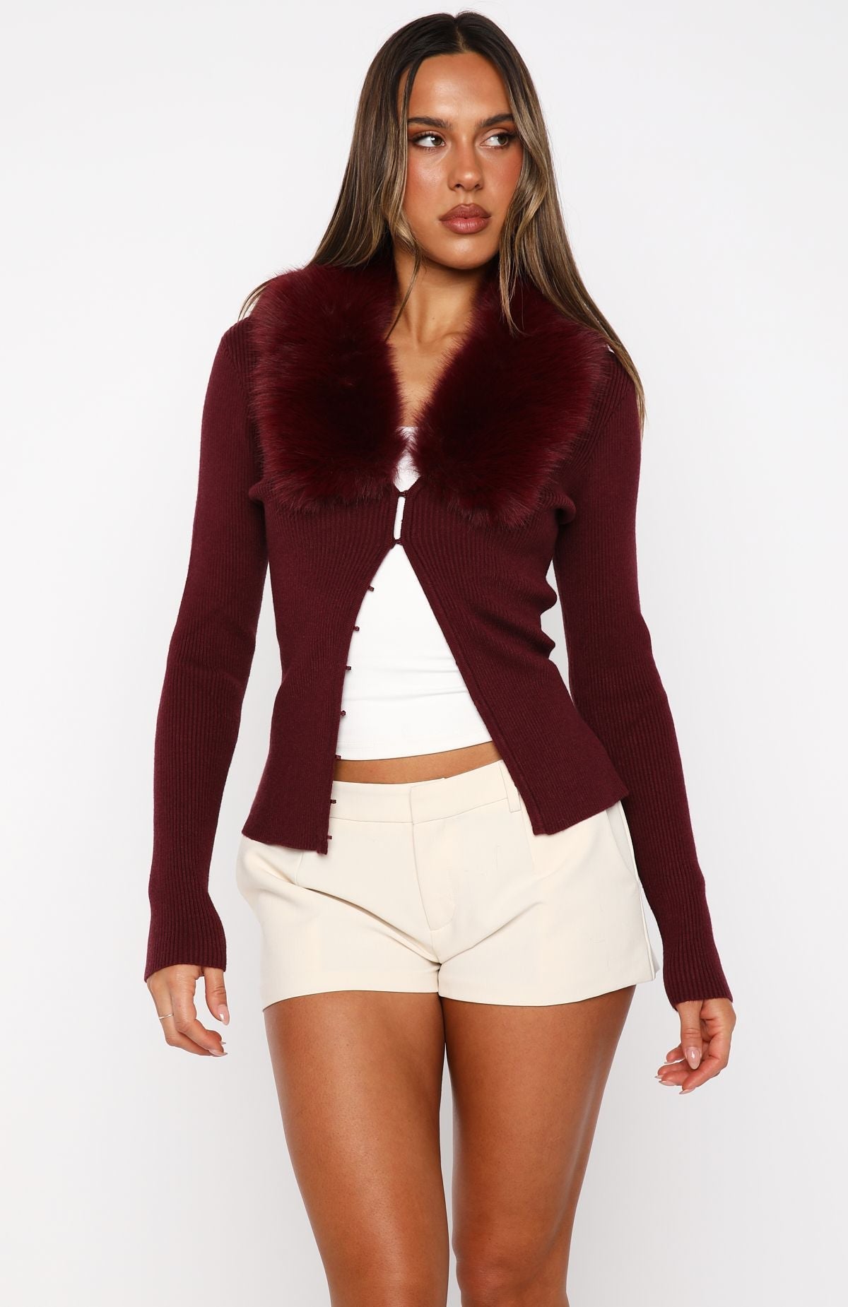 White Fox All Bundled Up Knit Cardigan Burgundy