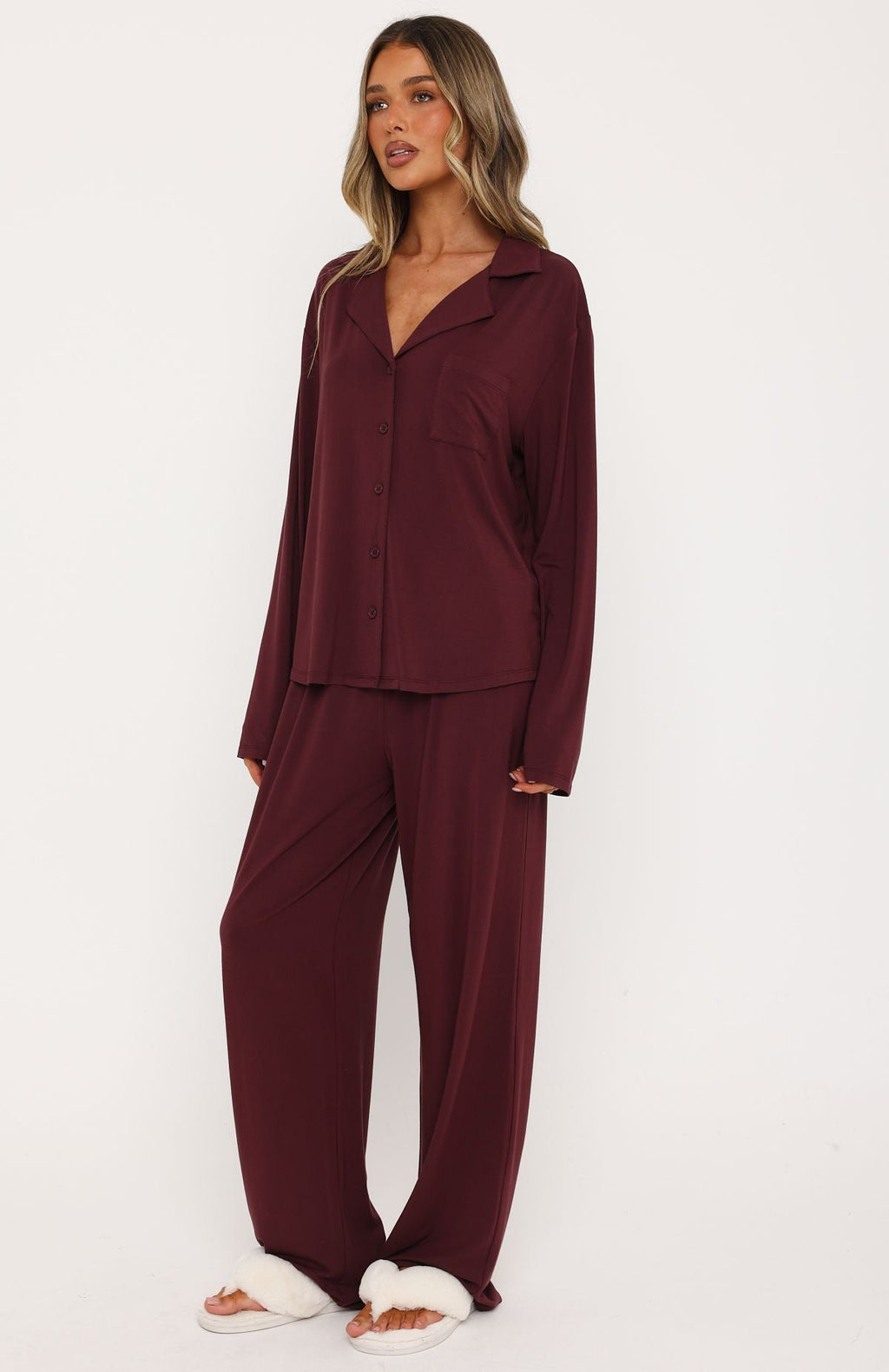 White Fox Pillow Talk Long Sleeve Pyjama Set Burgundy