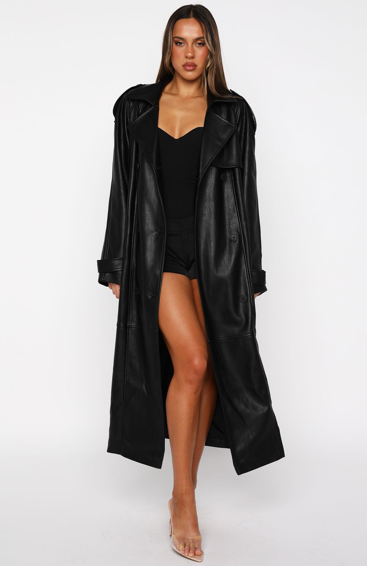 White Fox Do I Ever PU Trench Coat Black