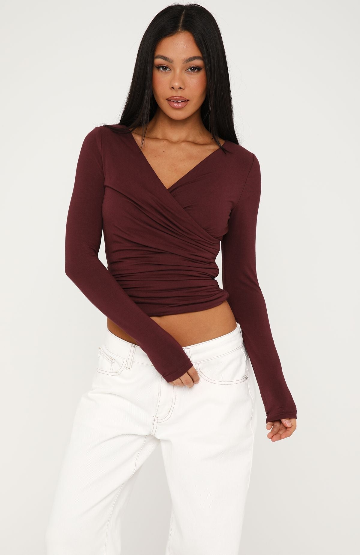 White Fox Sparks Fly Cinched Waist Off Shoulder Long Sleeve Top Cherry Chocolate