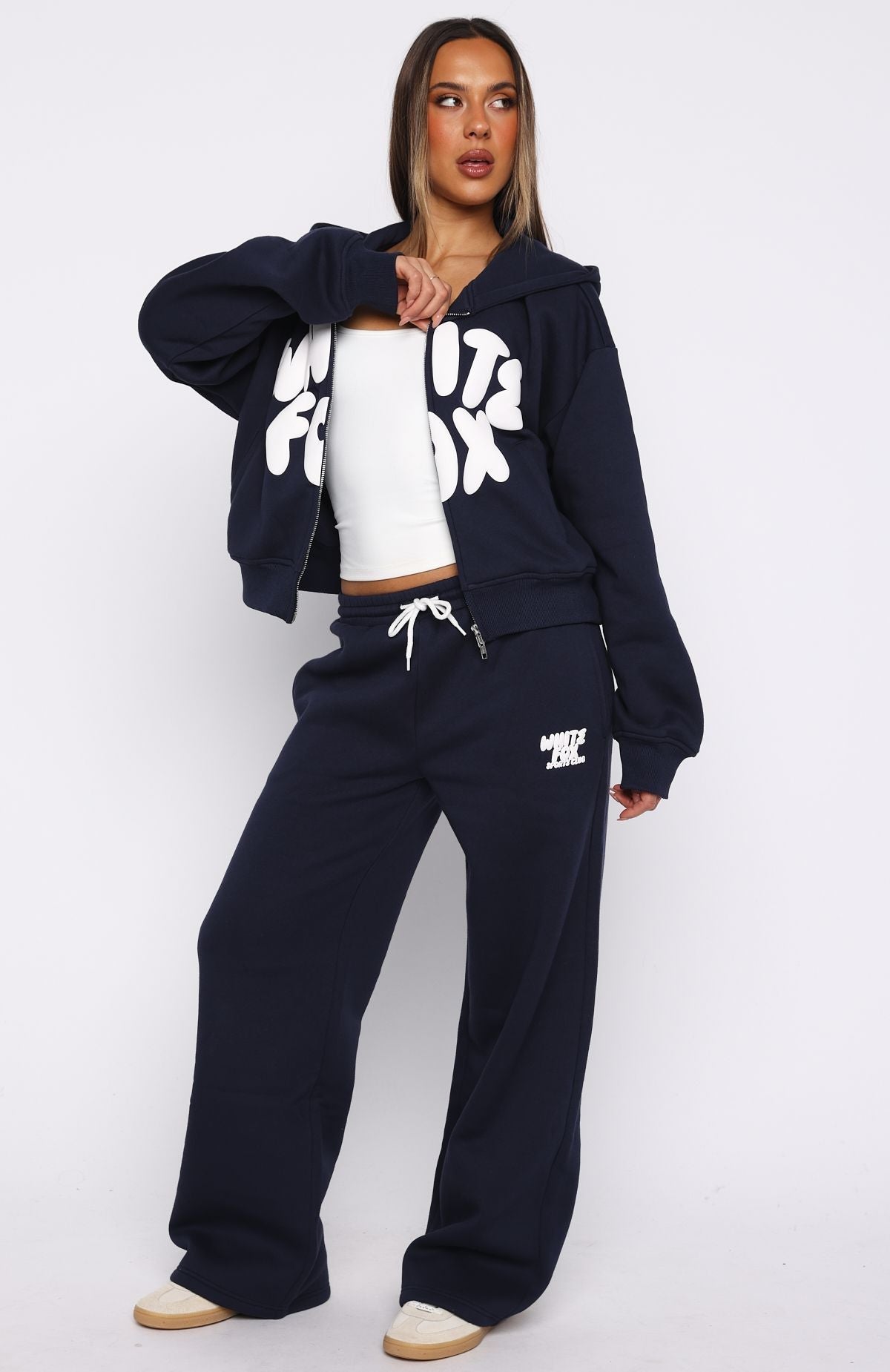 White Fox Club 14 Allie Boxy Zip Front Hoodie Navy