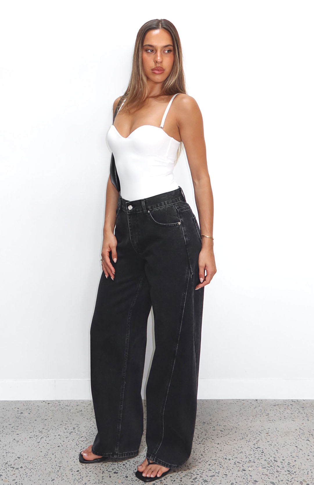 White Fox Jessica Mid Rise Barrel Leg Jeans Black Acid