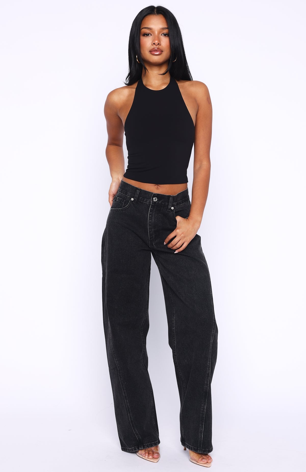 White Fox Jessica Mid Rise Barrel Leg Jeans Black Acid