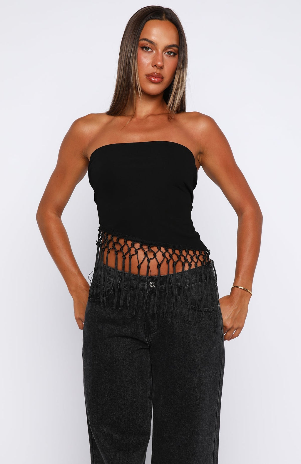 White Fox Sweet As Me Strapless Fringe Top Black