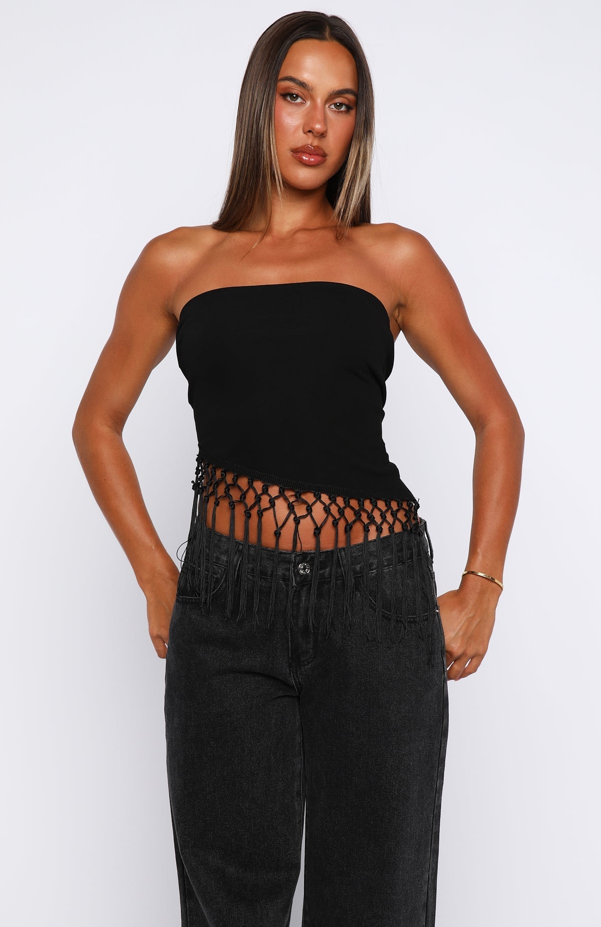 White Fox Sweet As Me Strapless Fringe Top Black