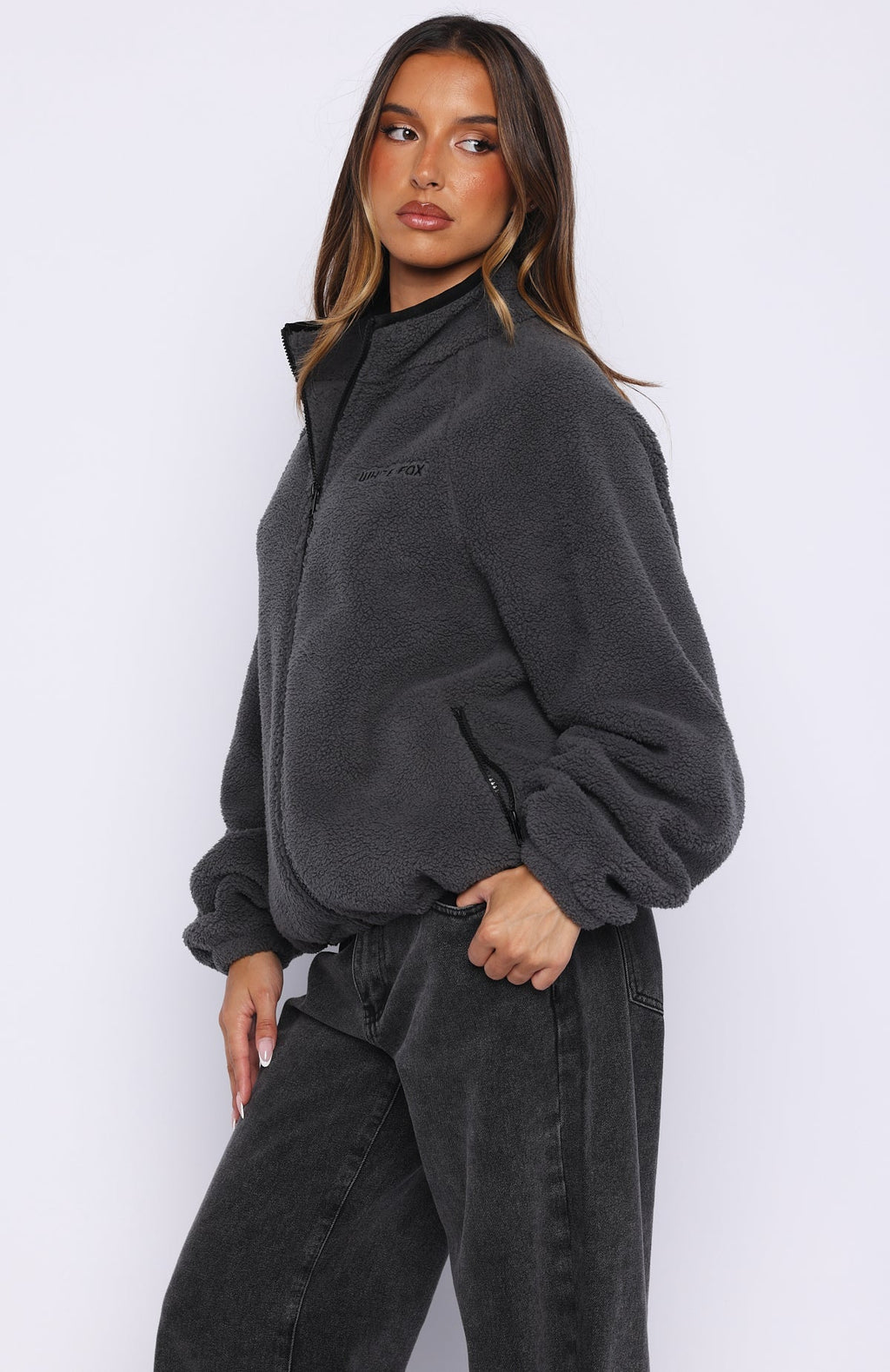 White Fox Calm Before The Storm Zip Front Fleece Sweater Charcoal