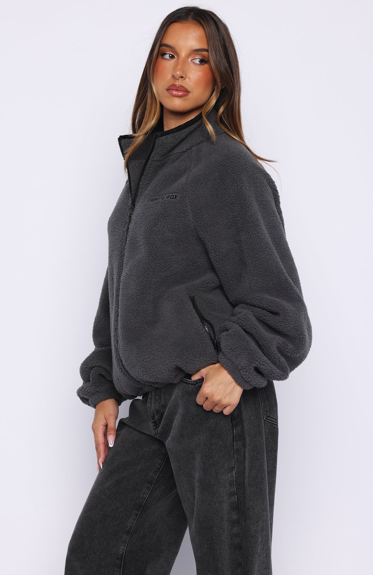 White Fox Calm Before The Storm Zip Front Fleece Sweater Charcoal