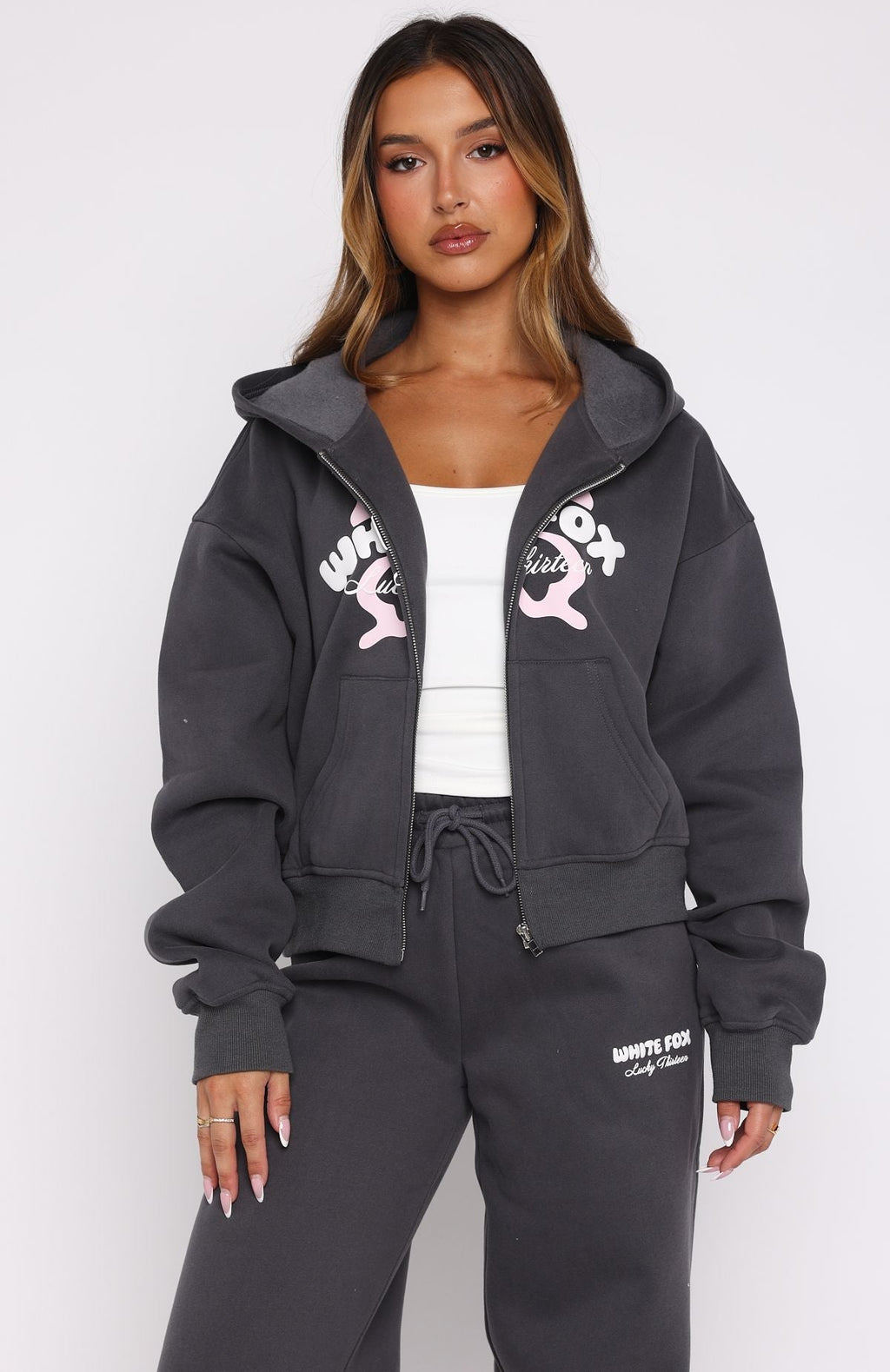 White Fox Lucky Thirteen Audrina Boxy Zip Front Hoodie Volcanic