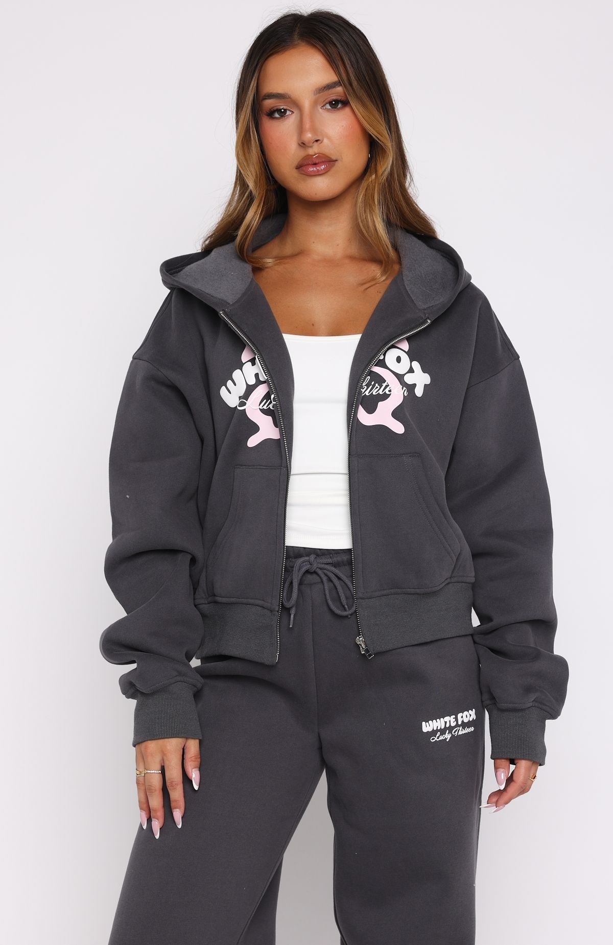 White Fox Lucky Thirteen Audrina Boxy Zip Front Hoodie Volcanic