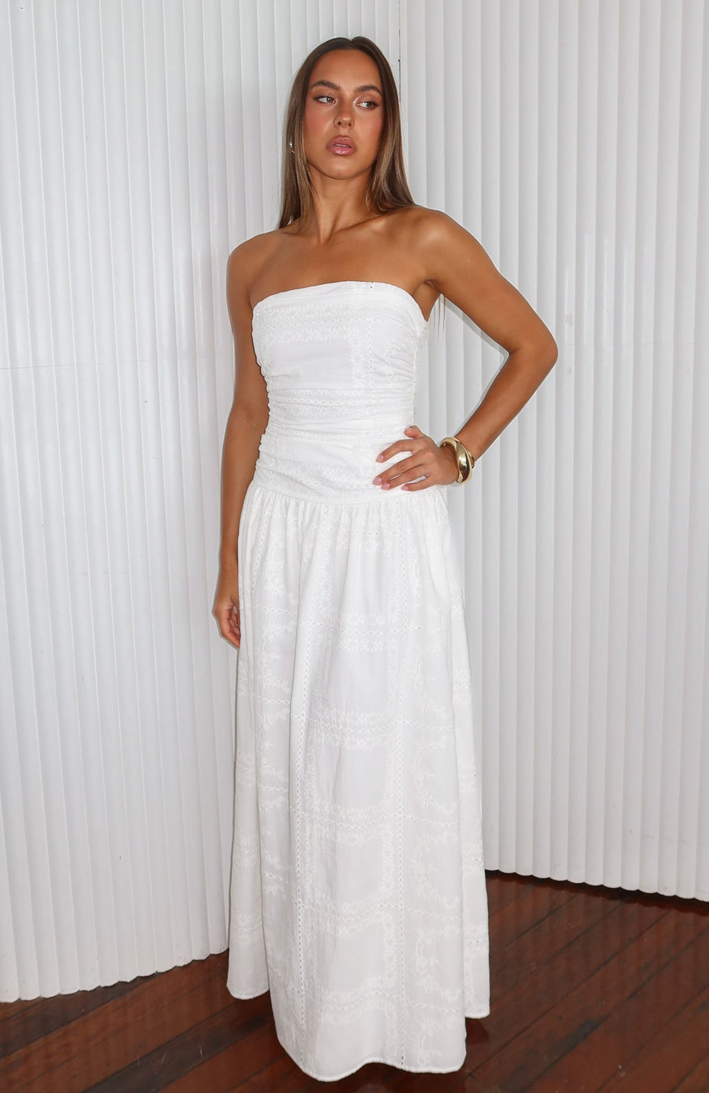 White Fox Bittersweet Babe Strapless Broderie Maxi Dress White