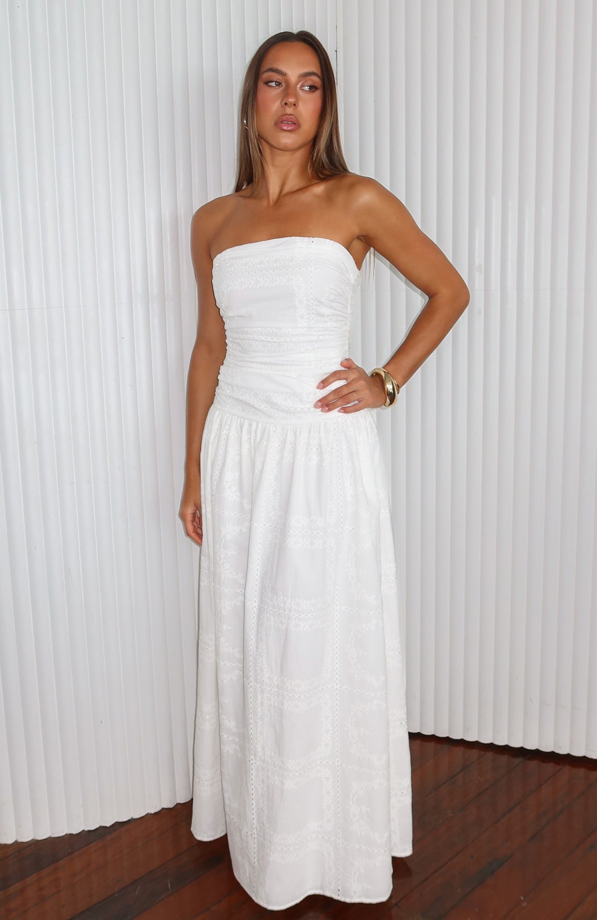White Fox Bittersweet Babe Strapless Broderie Maxi Dress White