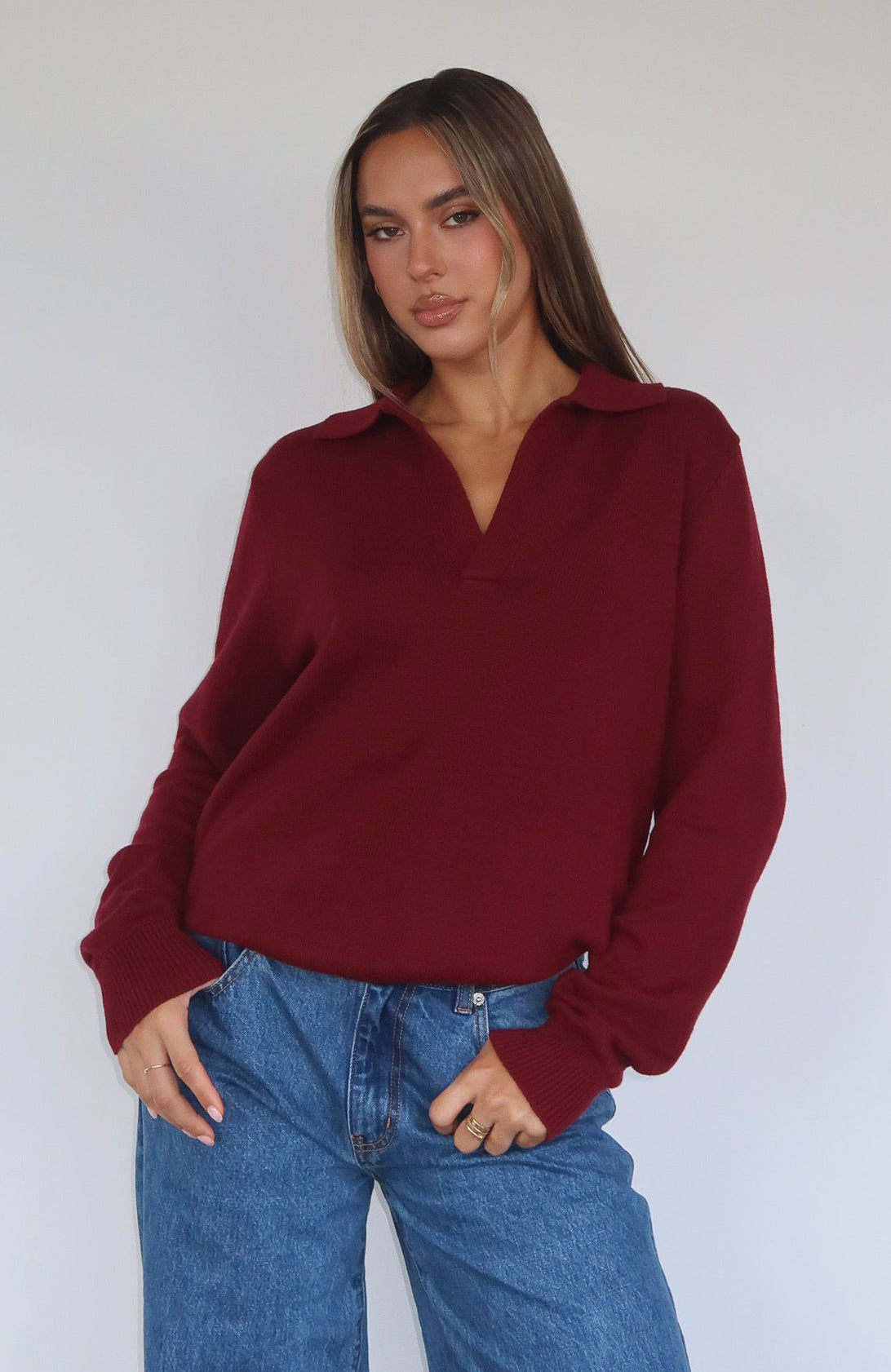 White Fox Must Be You Knitted Polo Sweater Burgundy