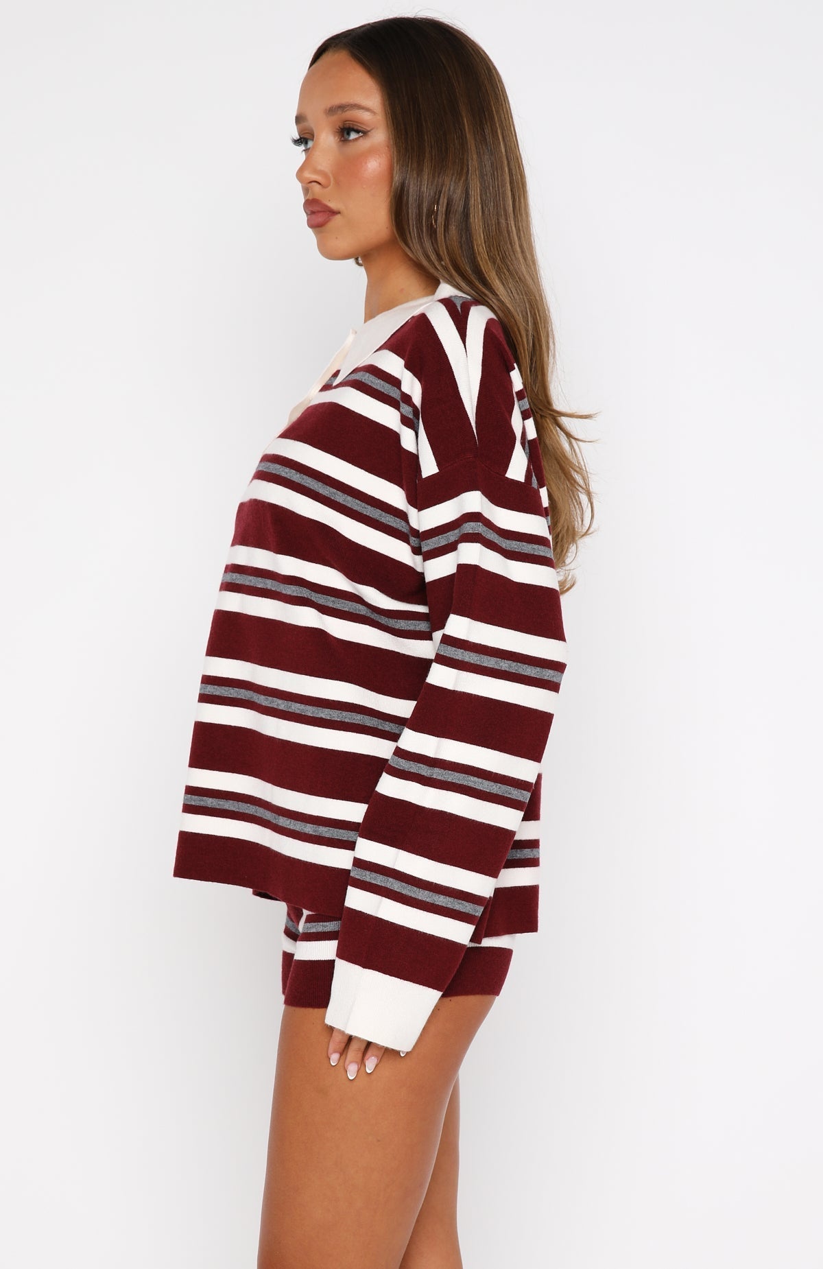 White Fox It's Ok, I'm Ok Knit Sweater Wine Stripe