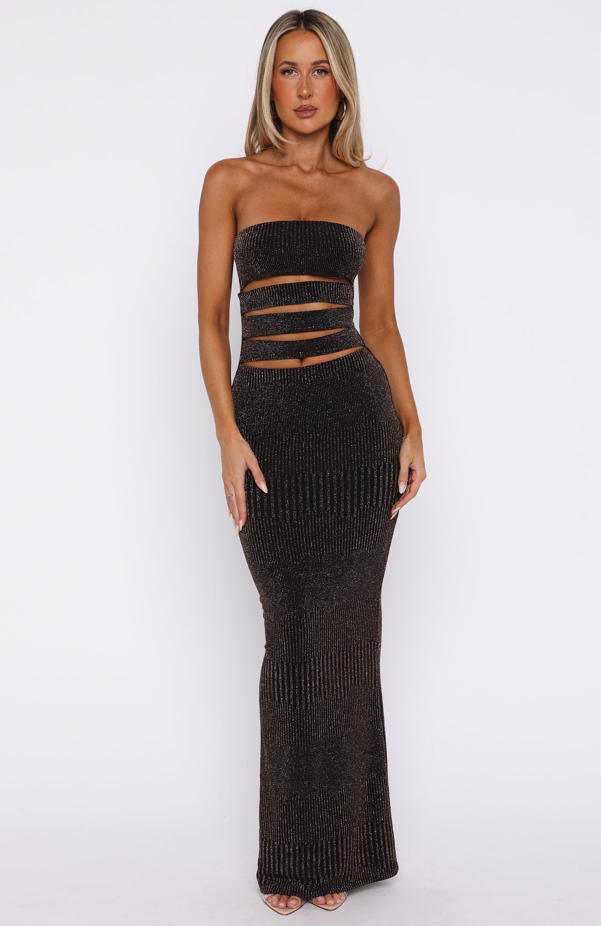 White Fox Glitter Hustle Strapless Maxi Dress Black