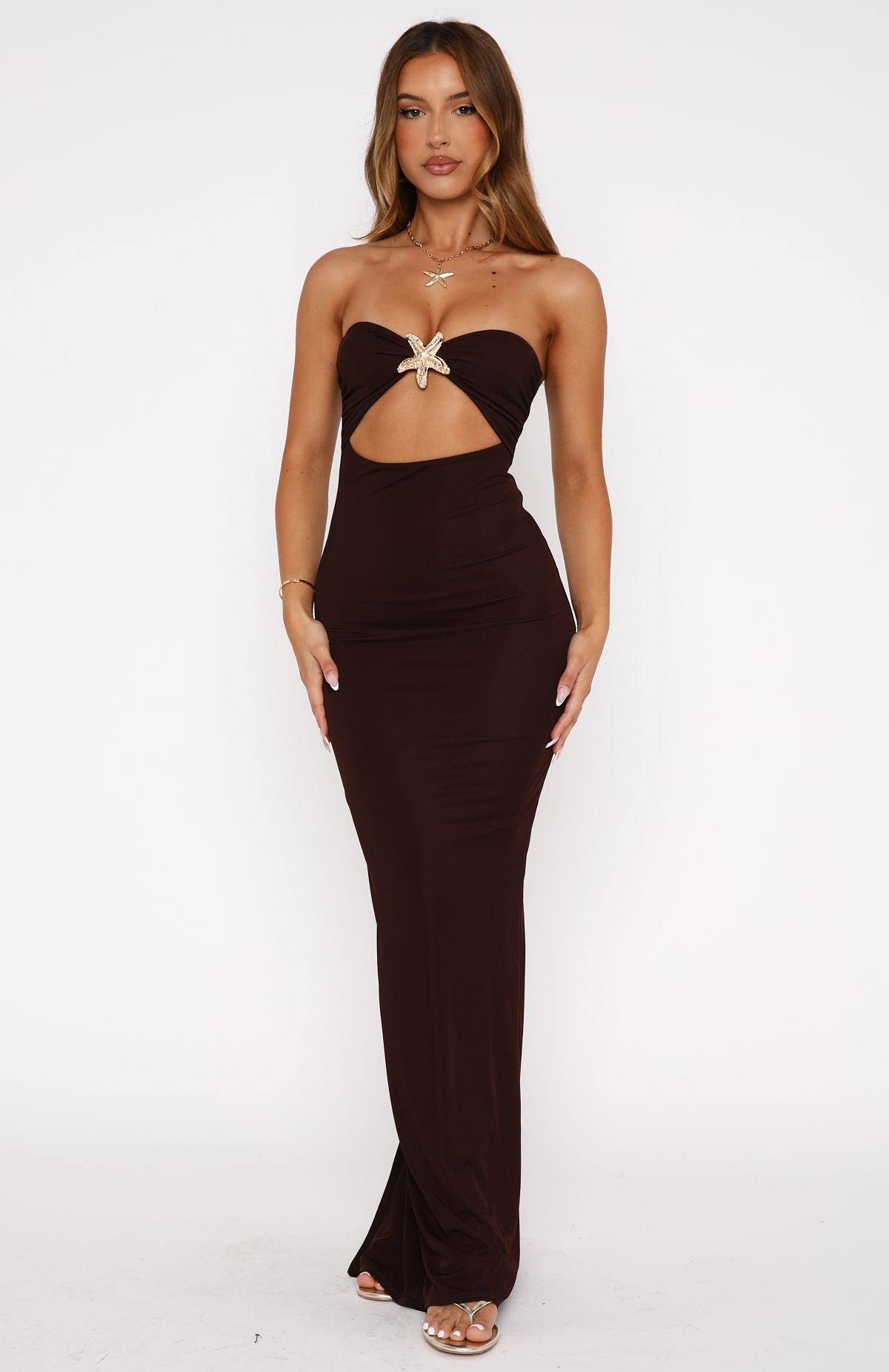 White Fox Pray For Forgiveness Strapless Maxi Dress Chocolate