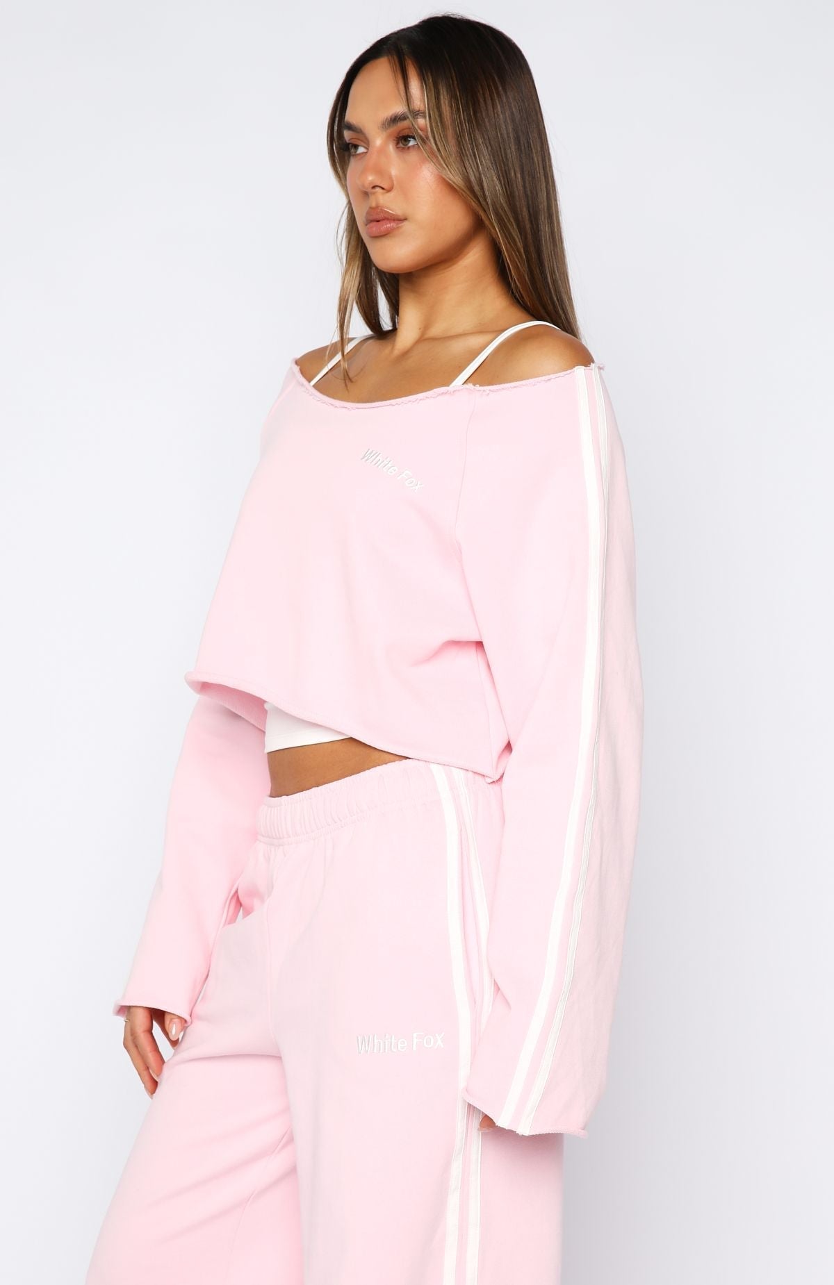 White Fox Star Student Cropped Off Shoulder Sweater Pink