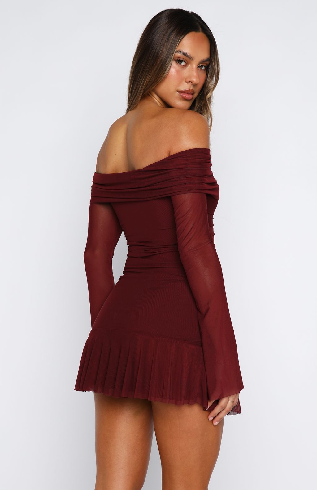 White Fox Dreaming Of Yesterday Long Sleeve Mini Dress Burgundy