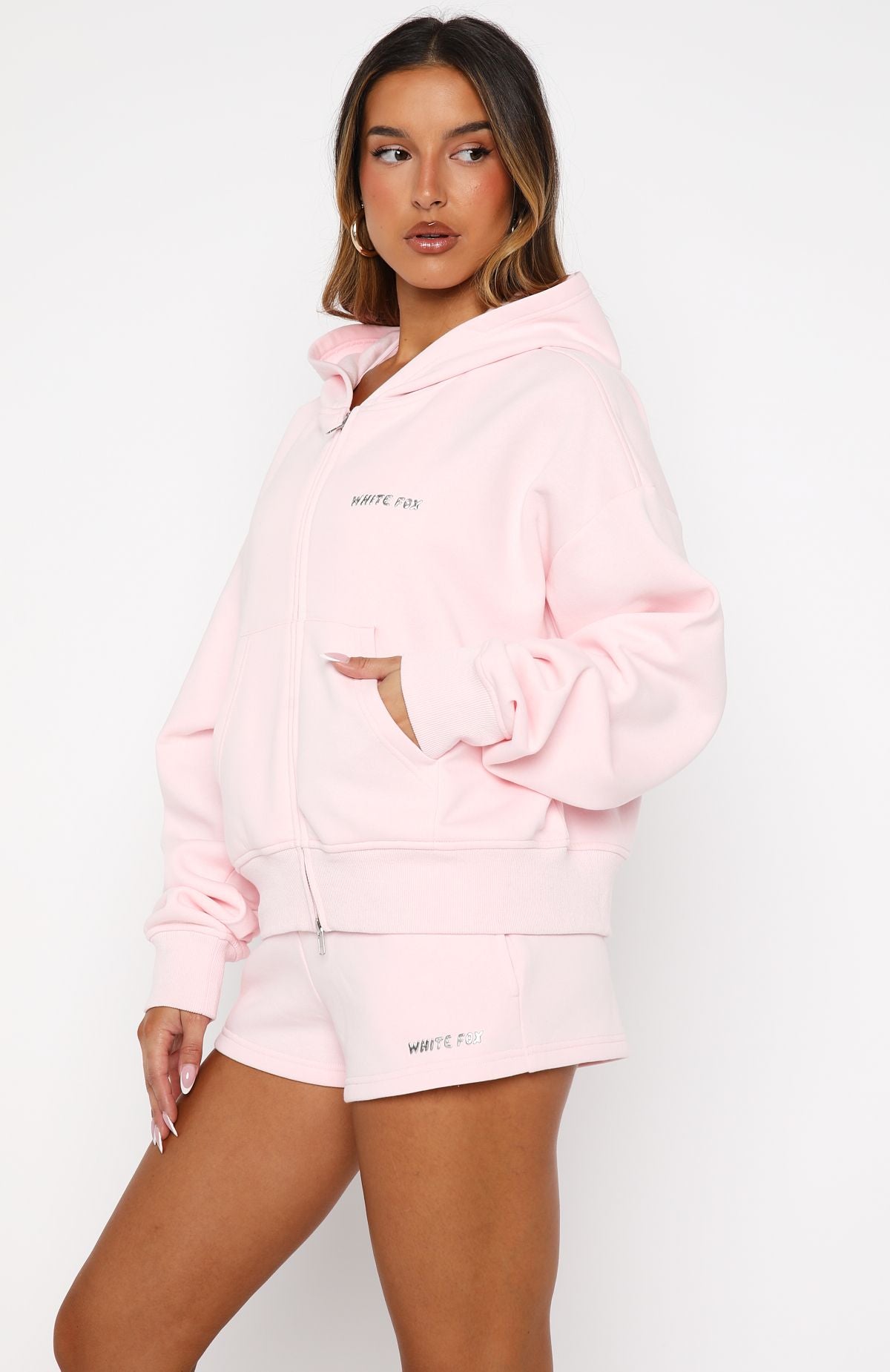 White Fox Test Drive Boxy Zip Front Hoodie Icy Pink