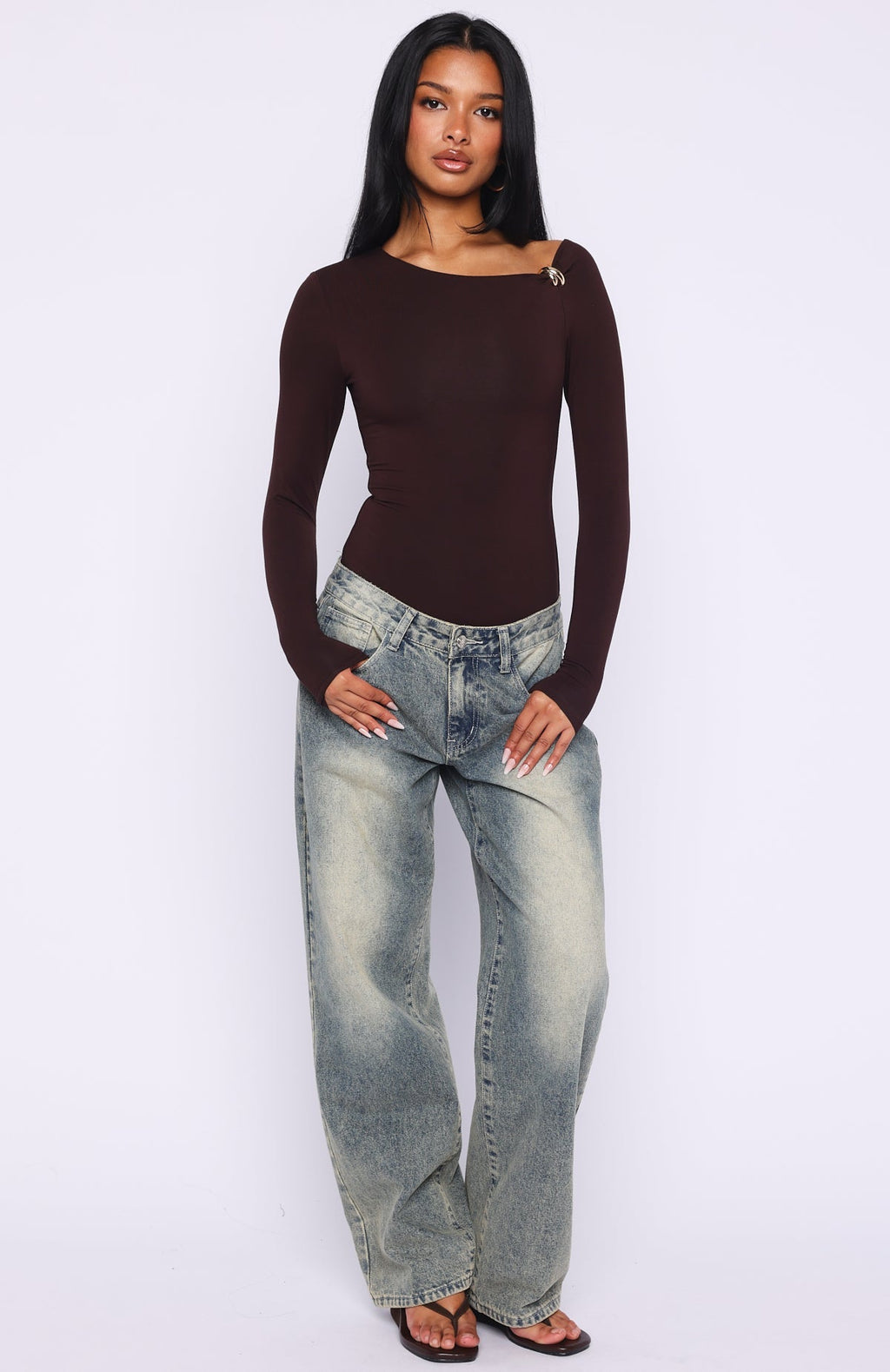 White Fox Double Down Long Sleeve Bodysuit Dark Chocolate
