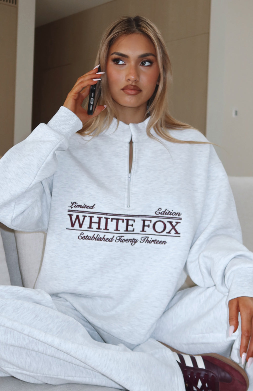 White Fox Standing My Ground Zip Front Sweater Grey Marle
