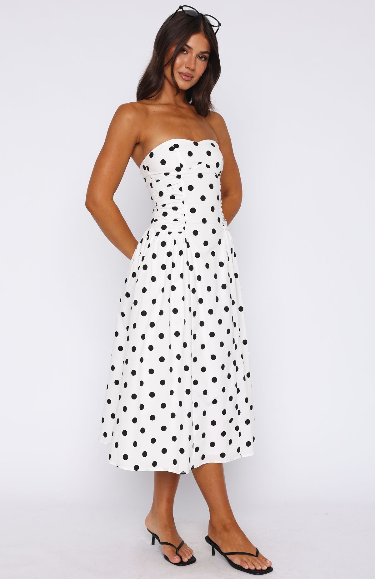 White Fox Rich In Love Strapless Midi Dress White/Black Polka Dot