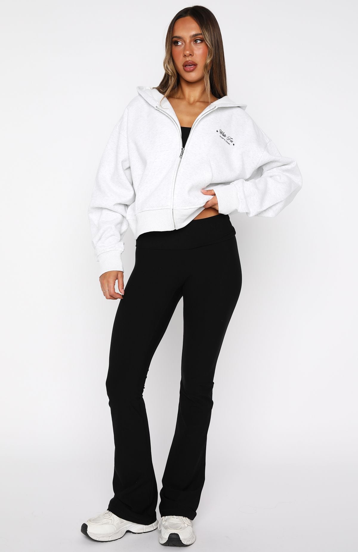 White Fox Just Try Again Boxy Zip Front Hoodie Grey Marle