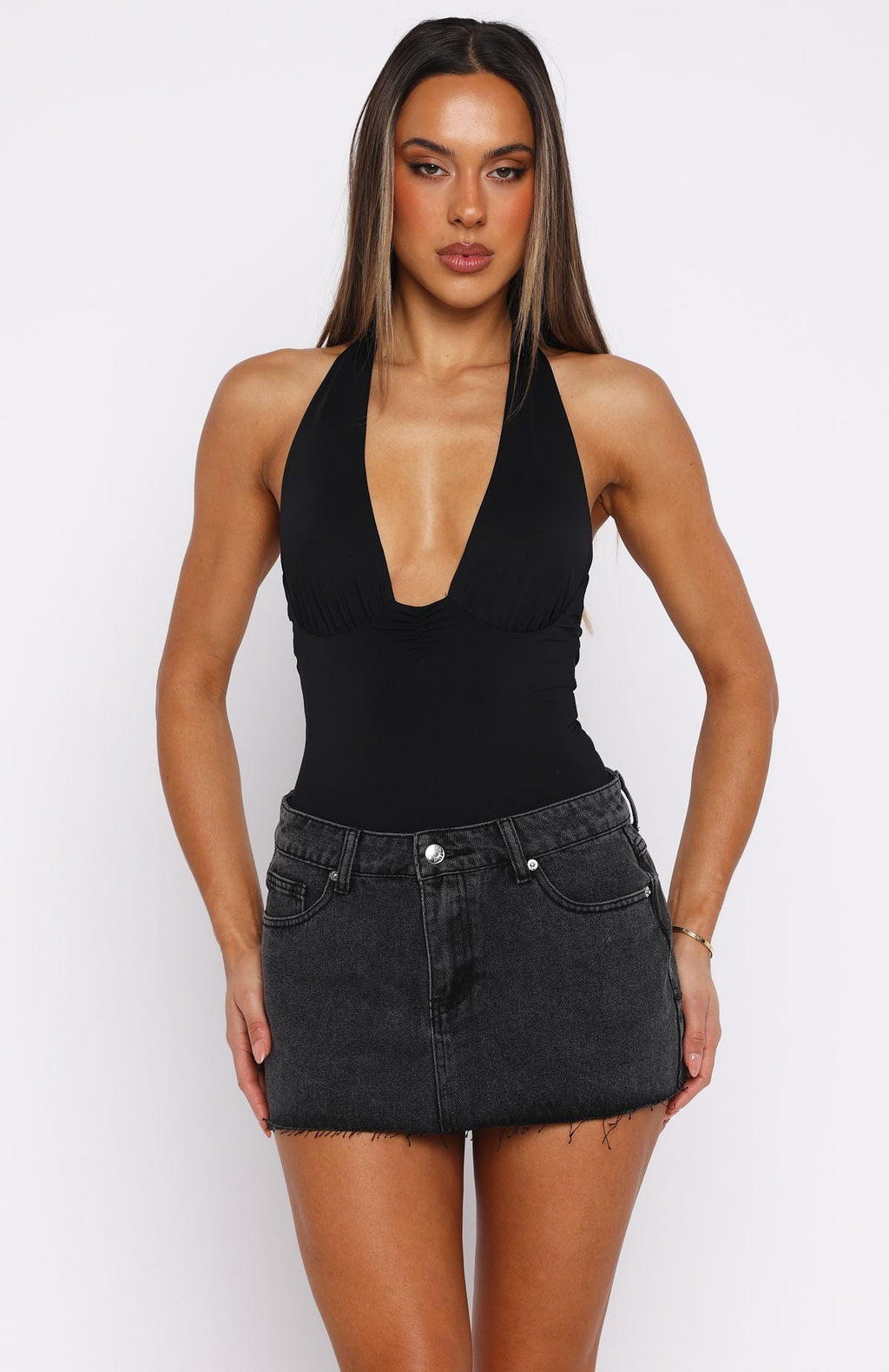 White Fox Broken Trust Mid Rise Denim Mini Skirt Black