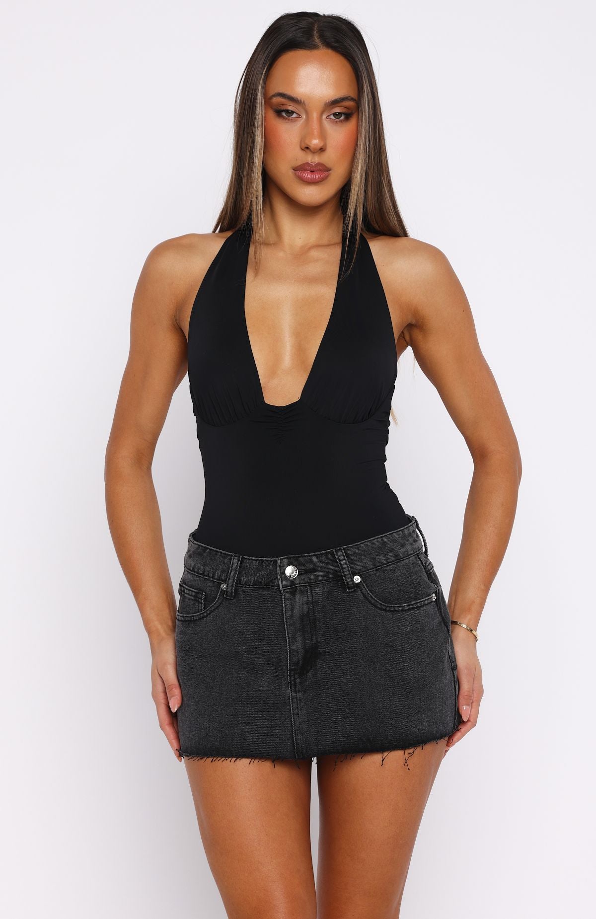 White Fox Broken Trust Mid Rise Denim Mini Skirt Black