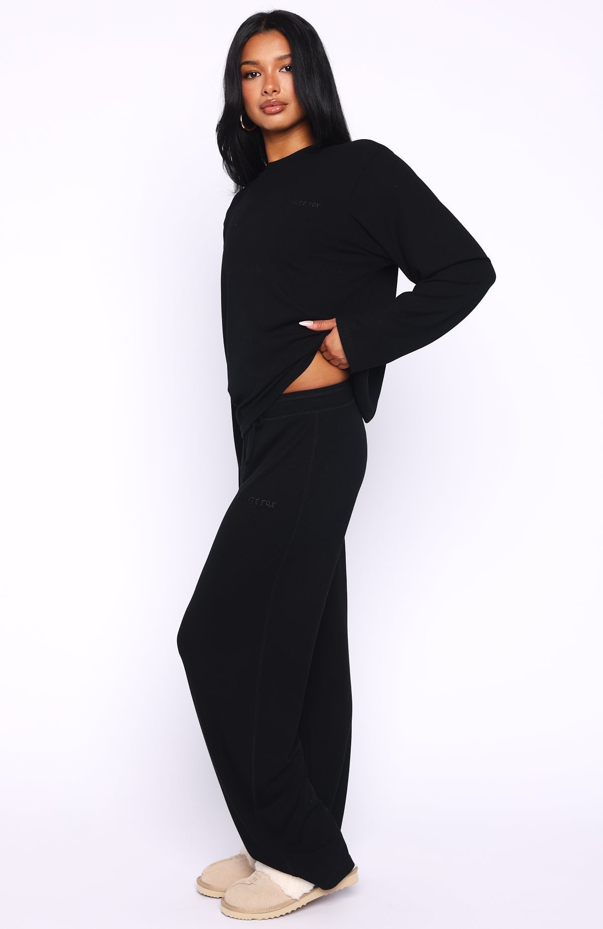 White Fox Come A Long Way Soft Lounge Ribbed Wide Leg Pants Black