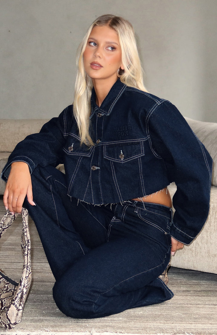 White Fox Something To Prove Cropped Denim Jacket Dark Indigo
