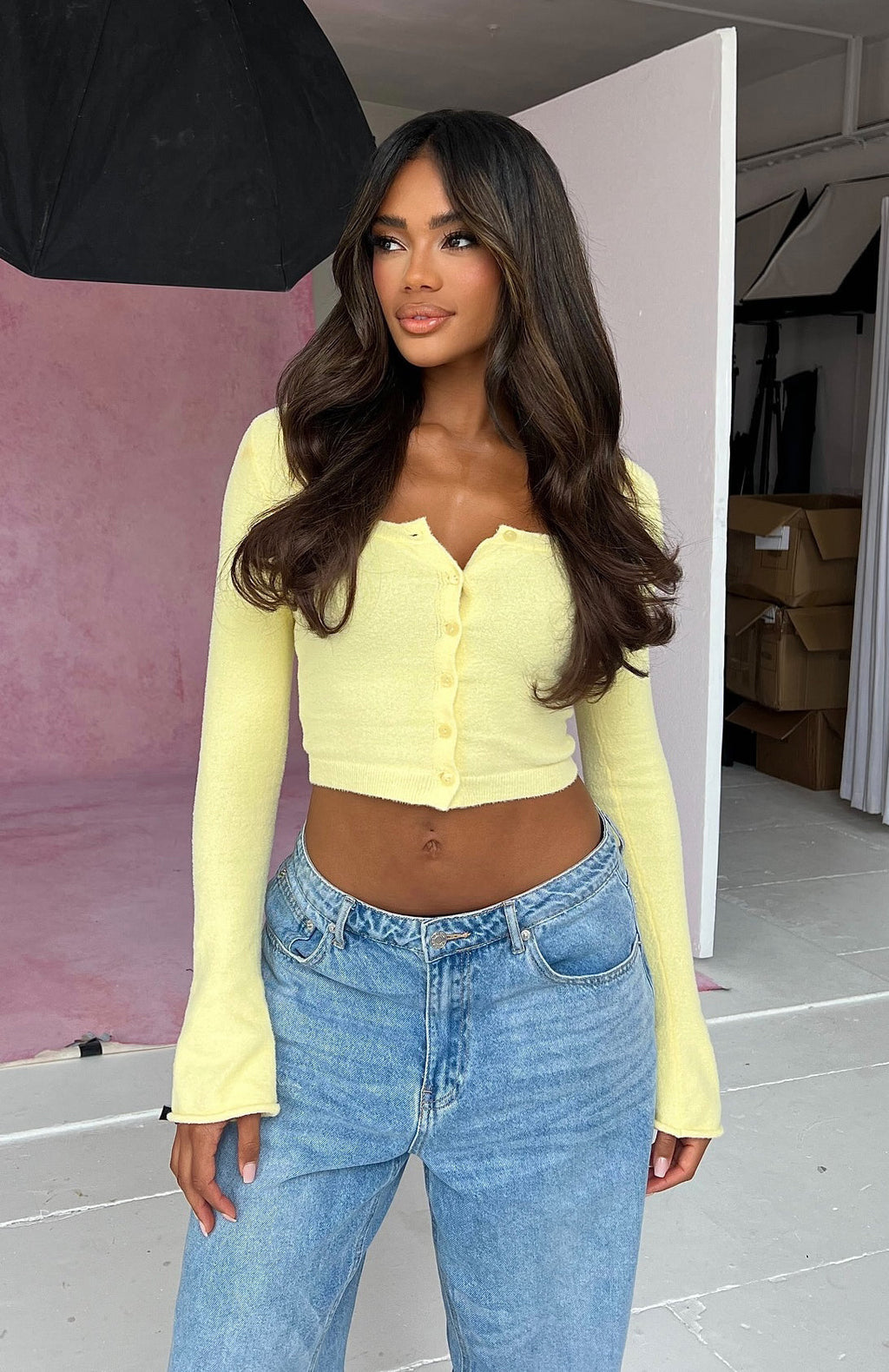 White Fox Going On Replay Long Sleeve Cardi Lemon