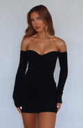 White Fox Running Out Of Time Off Shoulder Long Sleeve Mini Dress Black