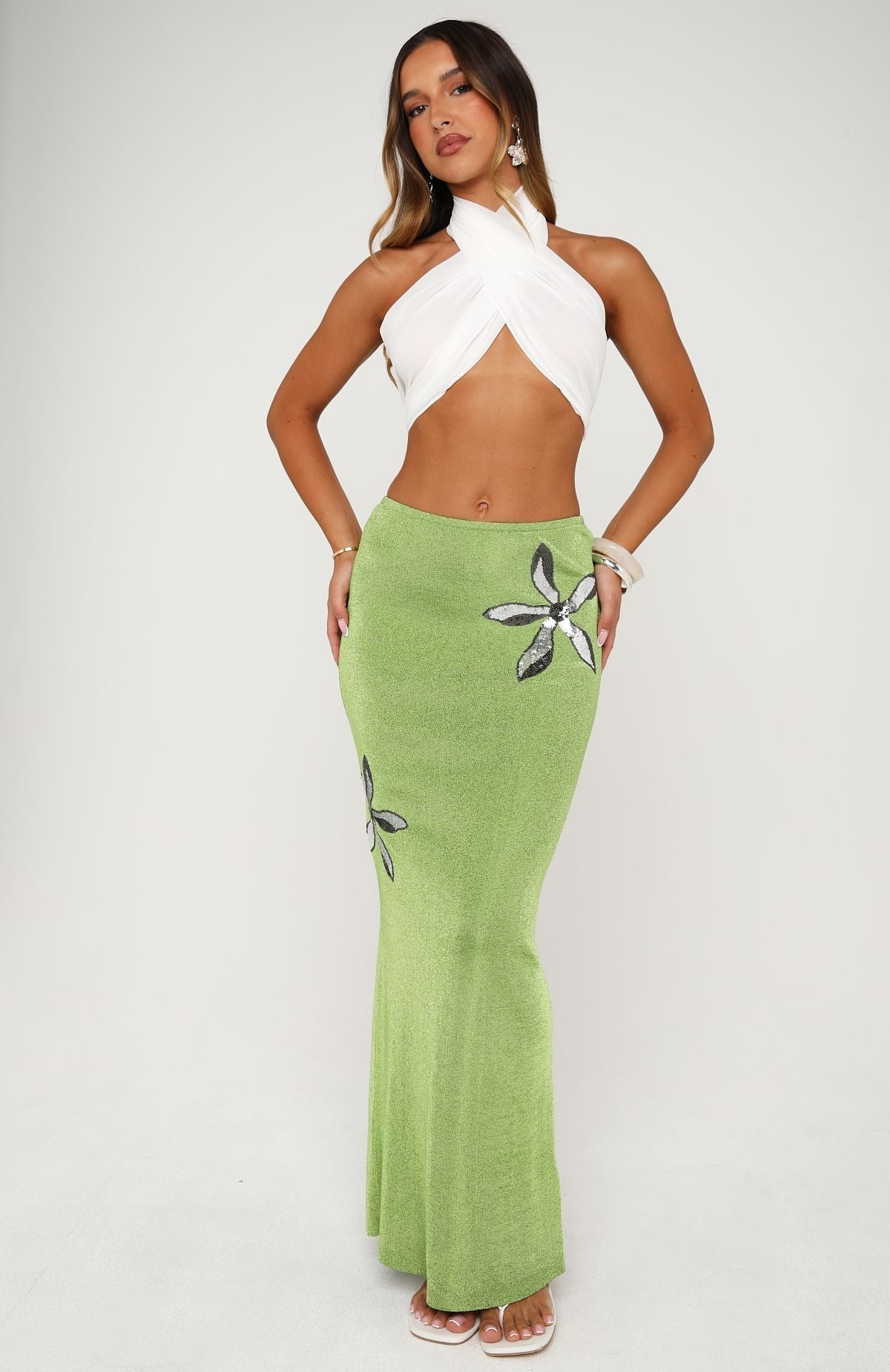 White Fox Tide And Bloom Knit Maxi Skirt Kiwi