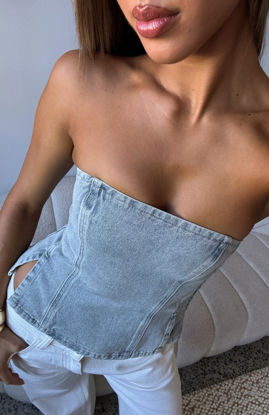 White Fox Not Listening Strapless Denim Top Light Blue Wash