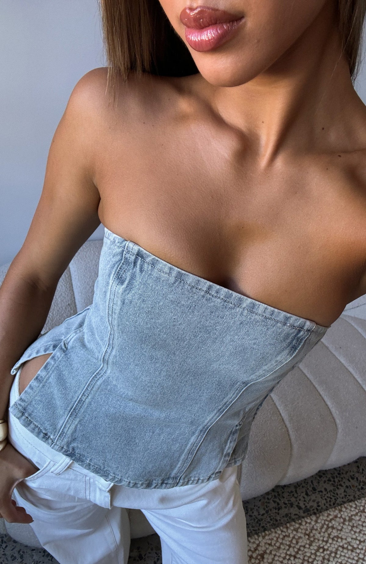 White Fox Not Listening Strapless Denim Top Light Blue Wash